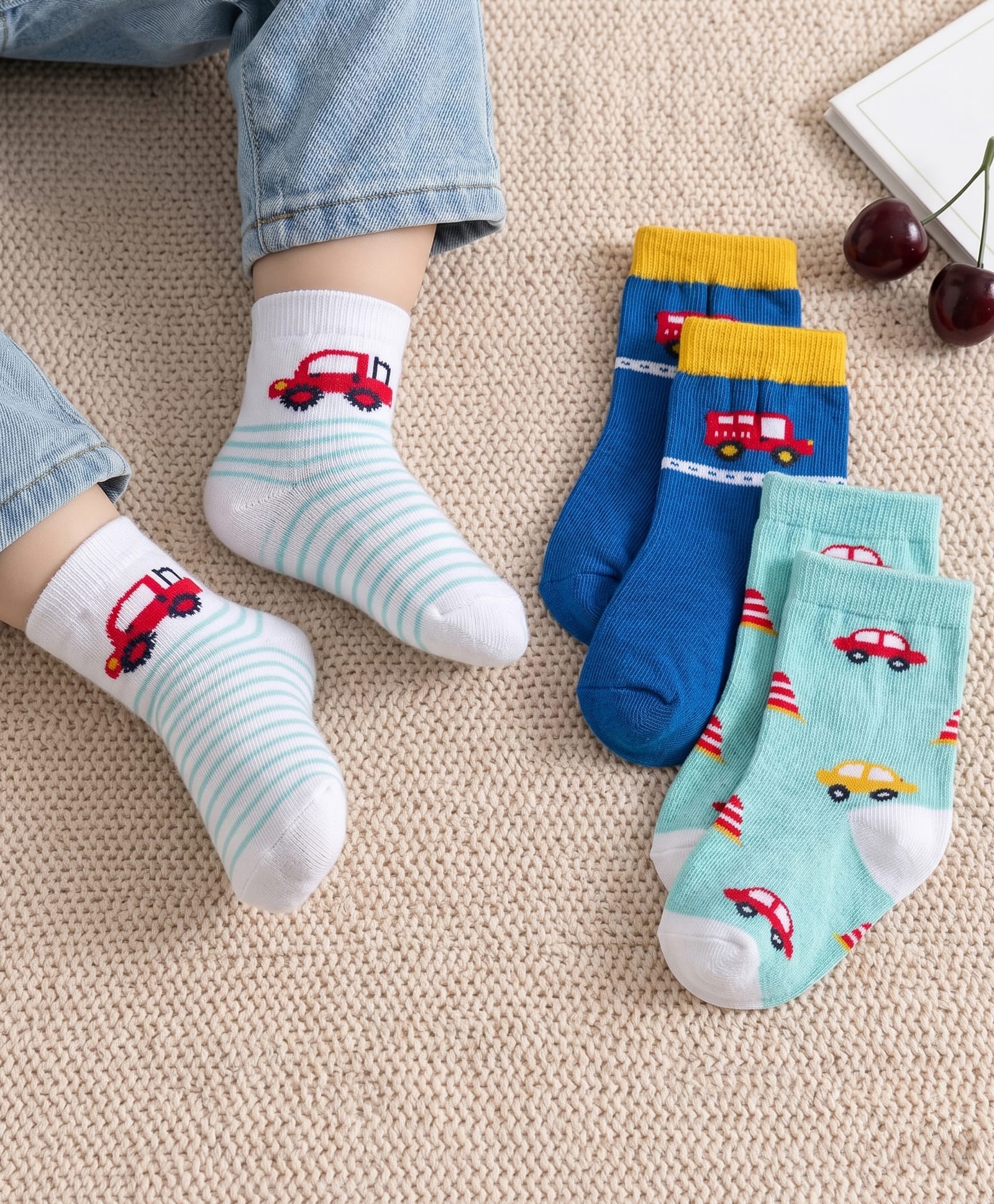 Cute Walk by Babyhug Knit Ankle Length Antibacterial Socks With Stripes & Vehicle Print Pack Of 3 - Blue & Light Blue-image-20