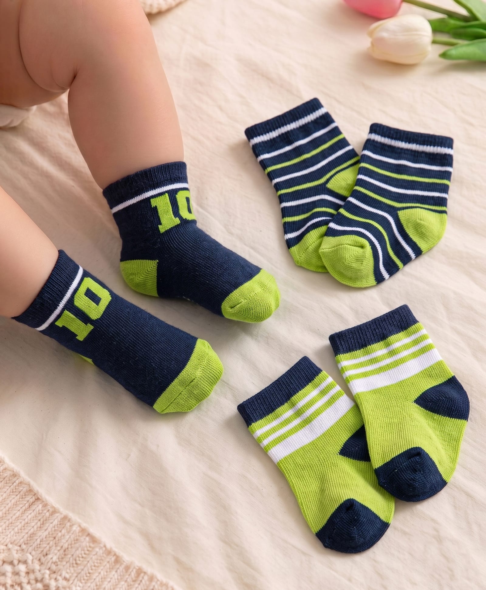 Cute Walk by Babyhug Knit Ankle Length Antibacterial Socks With Stripes & Number Design Pack Of 3 - Black & Neon Green-image-37