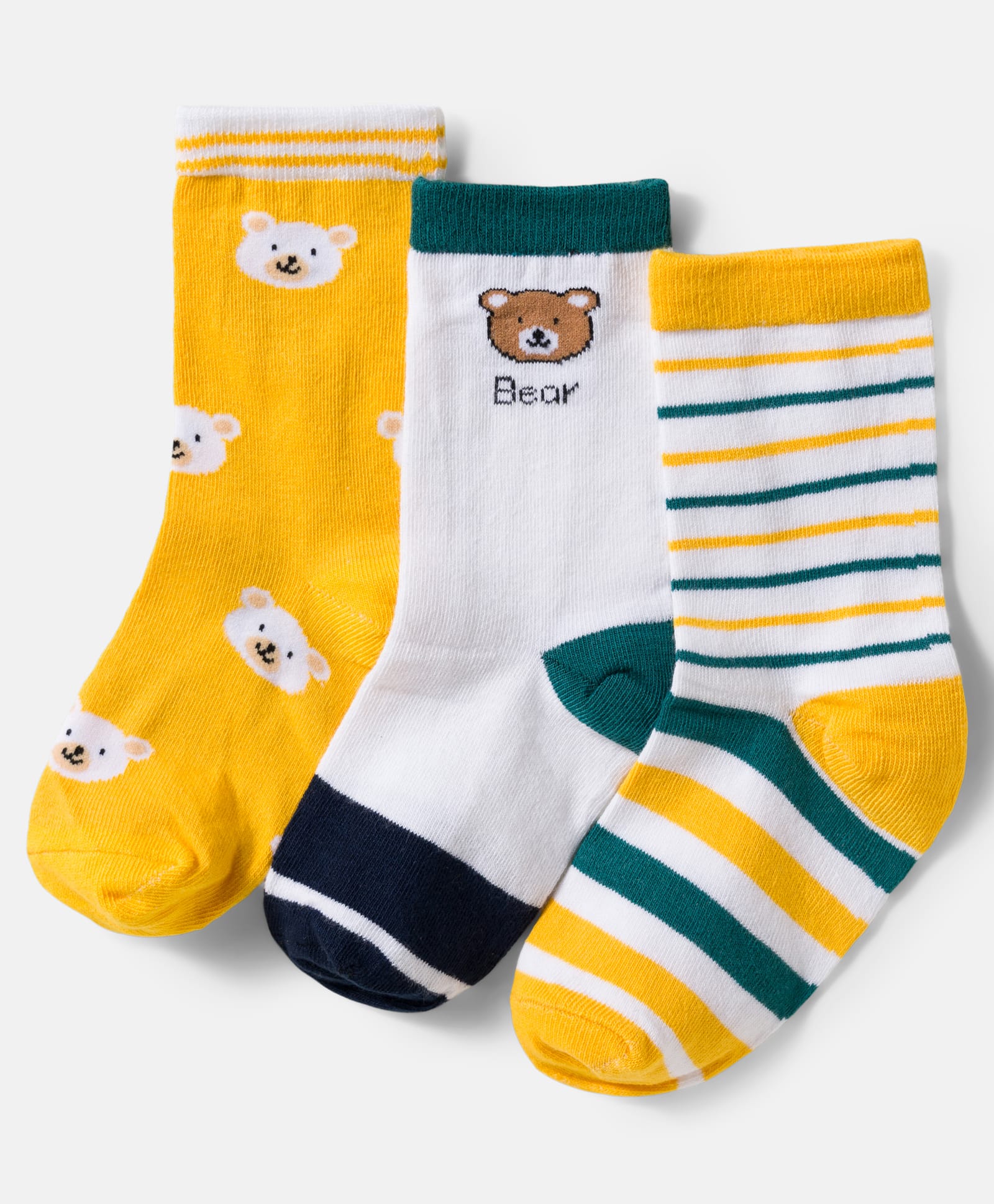 Cute Walk by Babyhug Knit Ankle Length Antibacterial Socks With Stripes & Bear Design Pack Of 3 - Yellow & White-picture-20