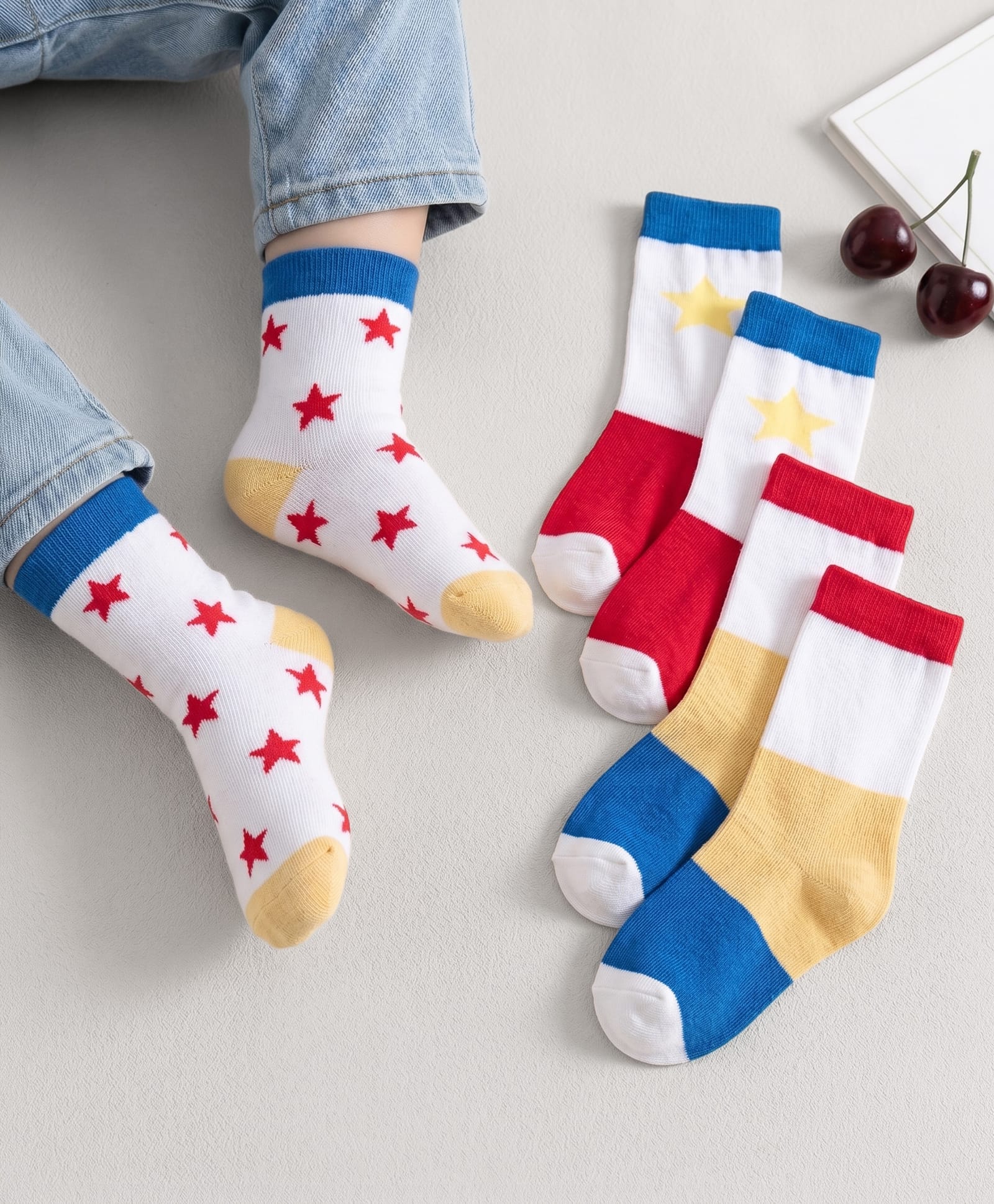 Cute Walk by Babyhug Knit Ankle Length Antibacterial Socks With Colorblock & Star Design Pack Of 3 - White & Blue-image-17