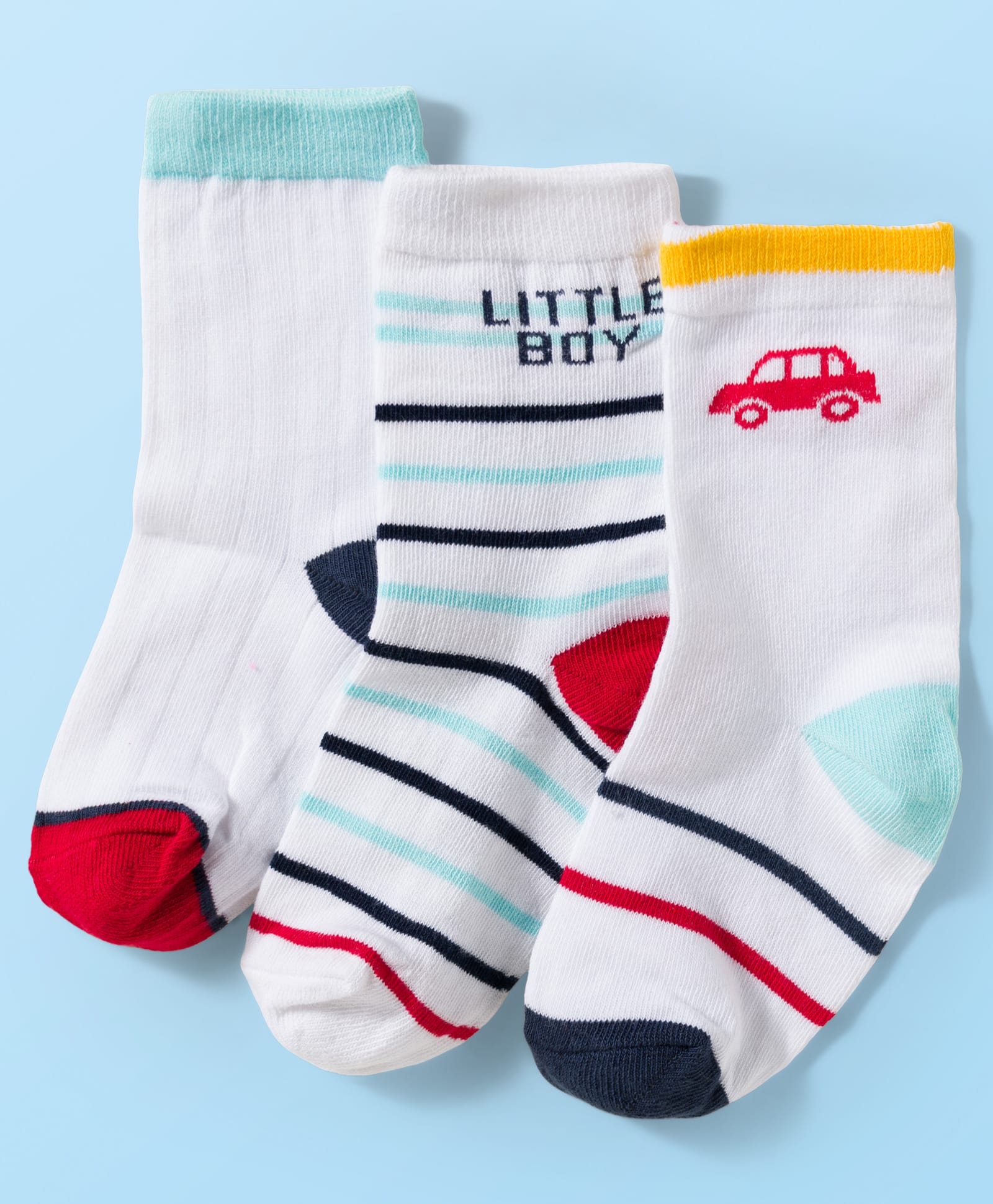 Cute Walk by Babyhug Knit Ankle Length Antibacterial Socks With Vehicle & Stripes Design Pack Of 3 - White-picture-13