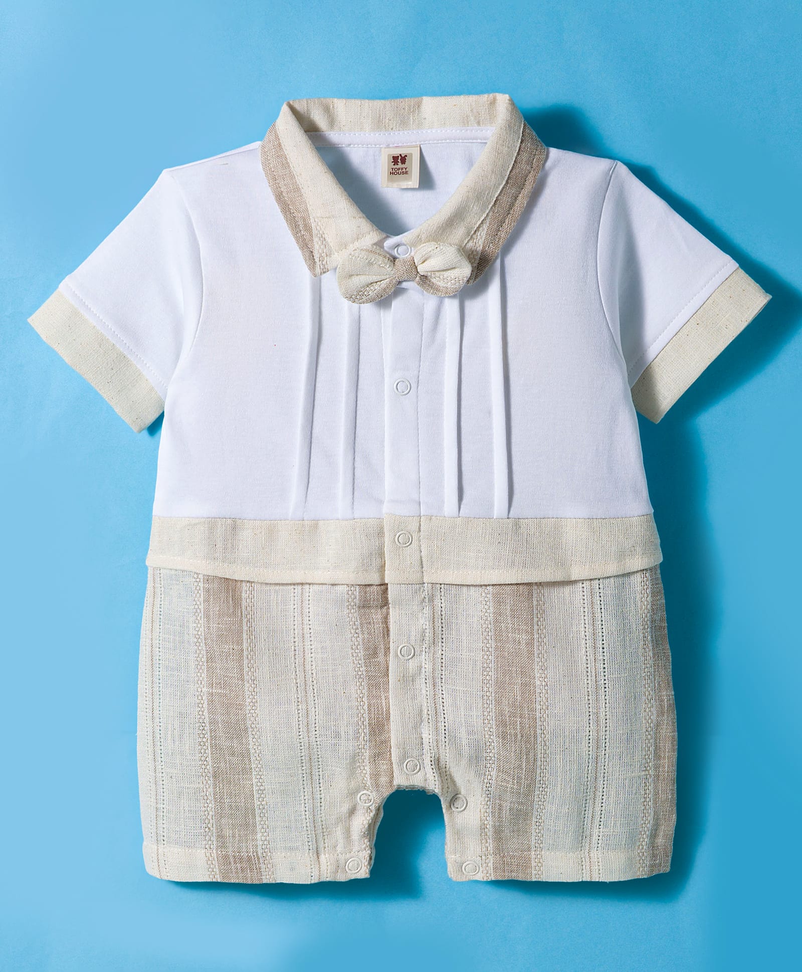 ToffyHouse Cotton Woven Half Sleeves Solid Romper With Bow Applique - Beige & White-image-13