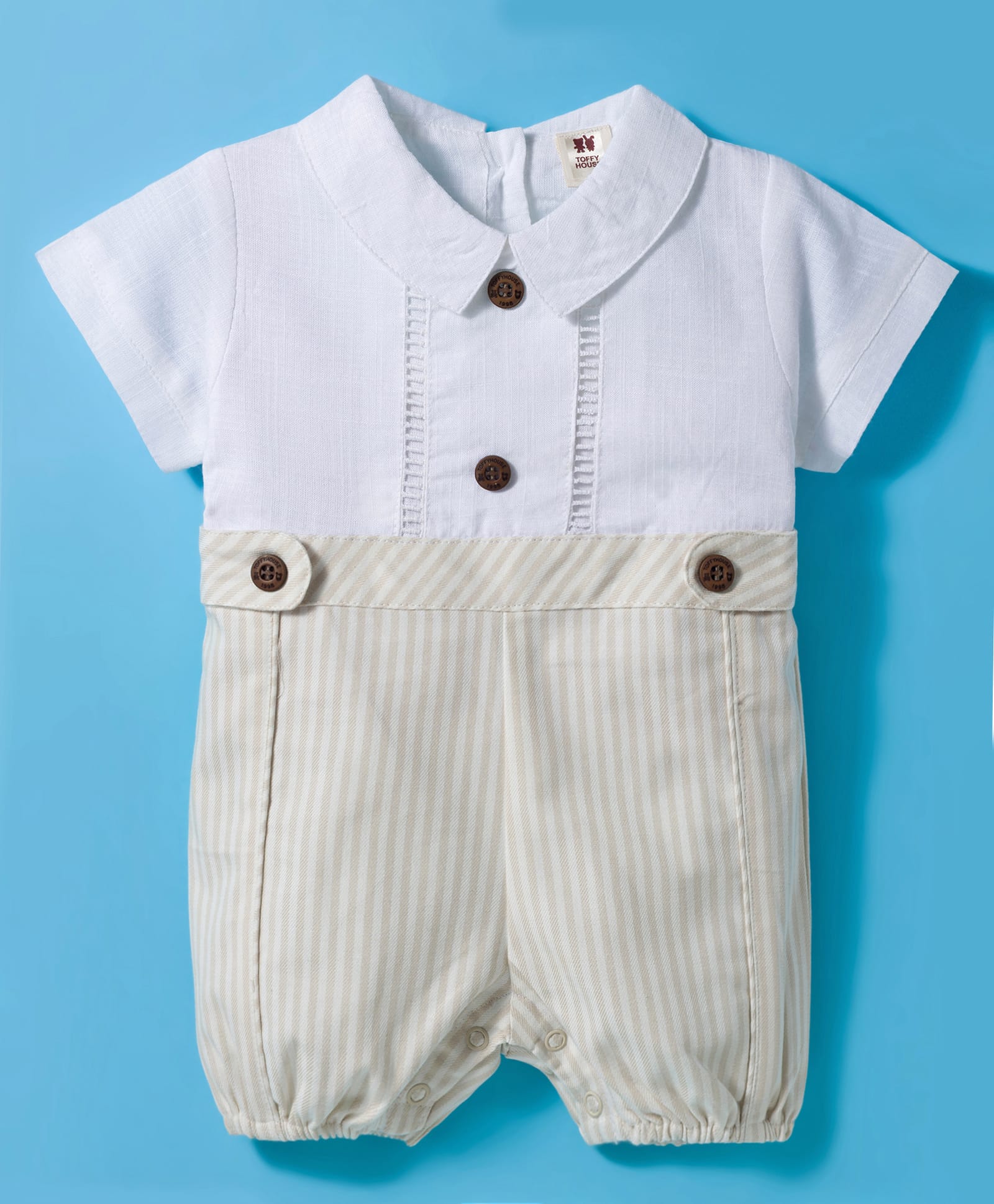 ToffyHouse Cotton Woven Half Sleeves Solid Romper - Beige-image-16