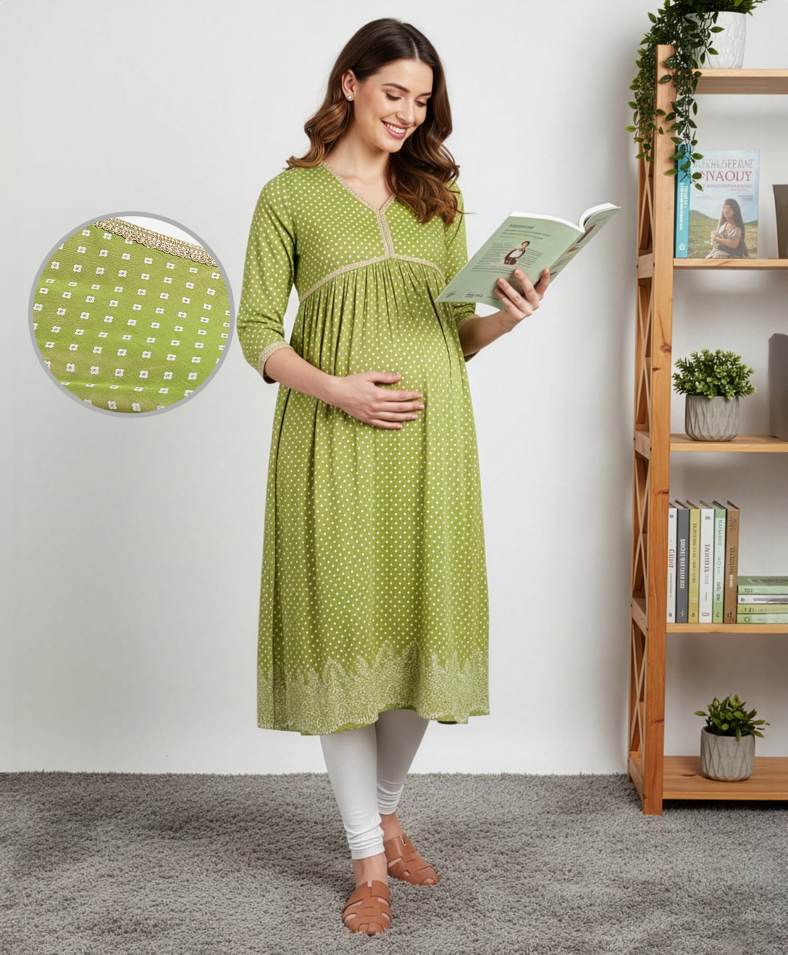 Bella Mama Woven Three Fourth Sleeves Maternity Kurta With Floral Print - Green-image-33