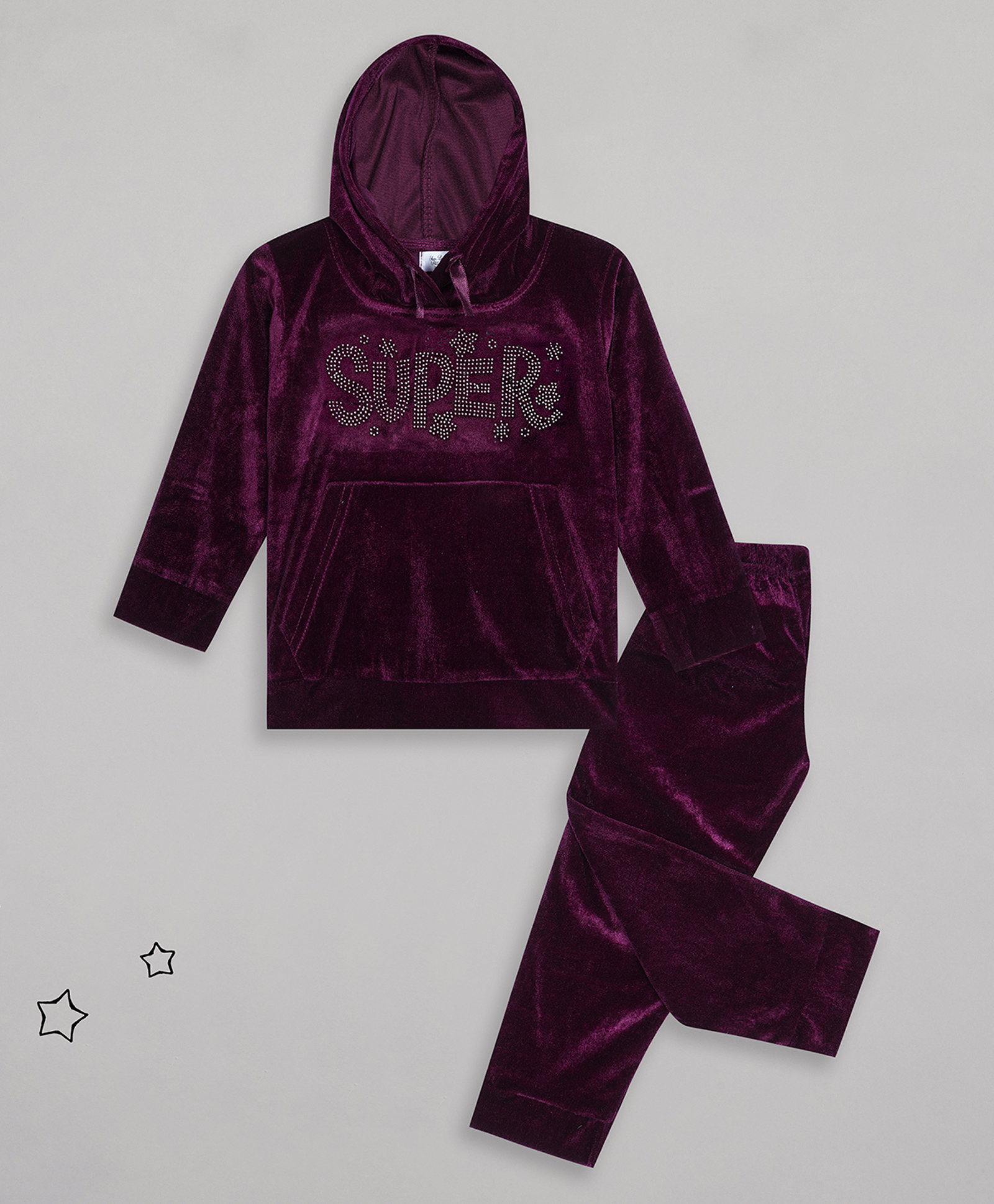Sheer Love Velvet Knit Full Sleeves Super Text Embellished Hooded Tee With Pajama Set - Wine-picture-24