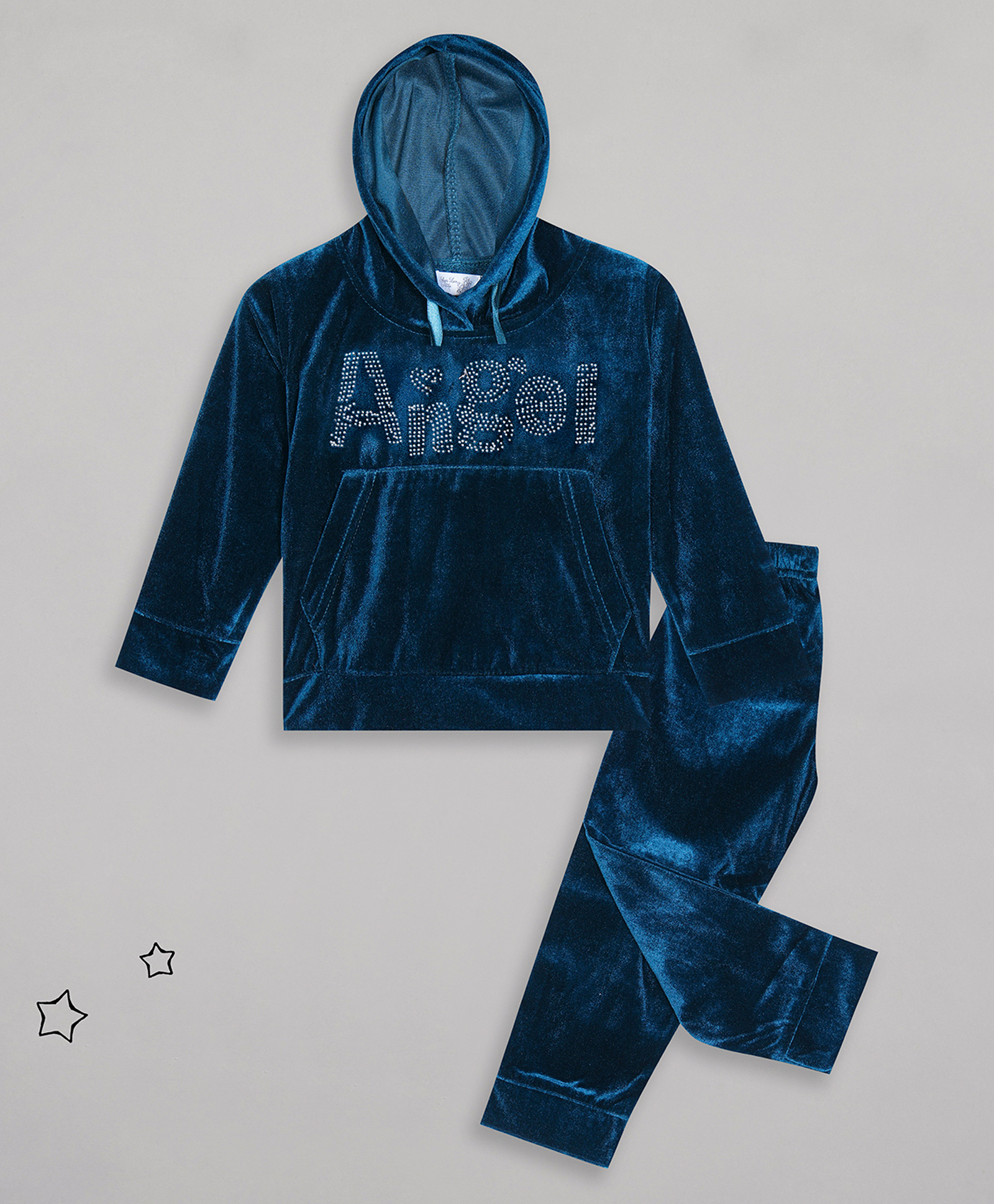 Sheer Love Velvet Knit Full Sleeves Angel Text Embellished Hooded Tee With Pajama Set - Teal Blue-image-13