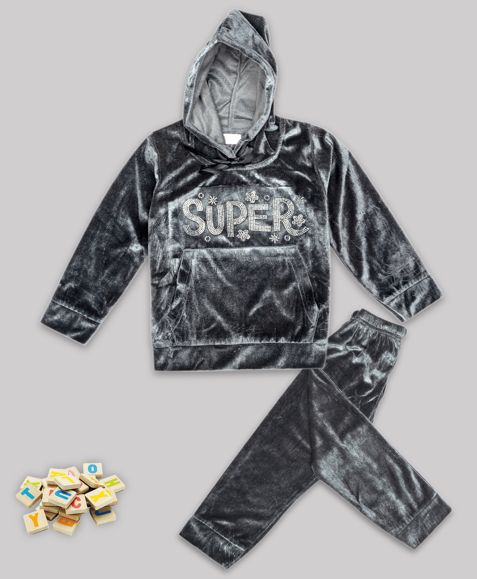 Sheer Love Velvet Knit Full Sleeves Super Text Embellished Hooded Tee With Pajama Set - Grey-image-38