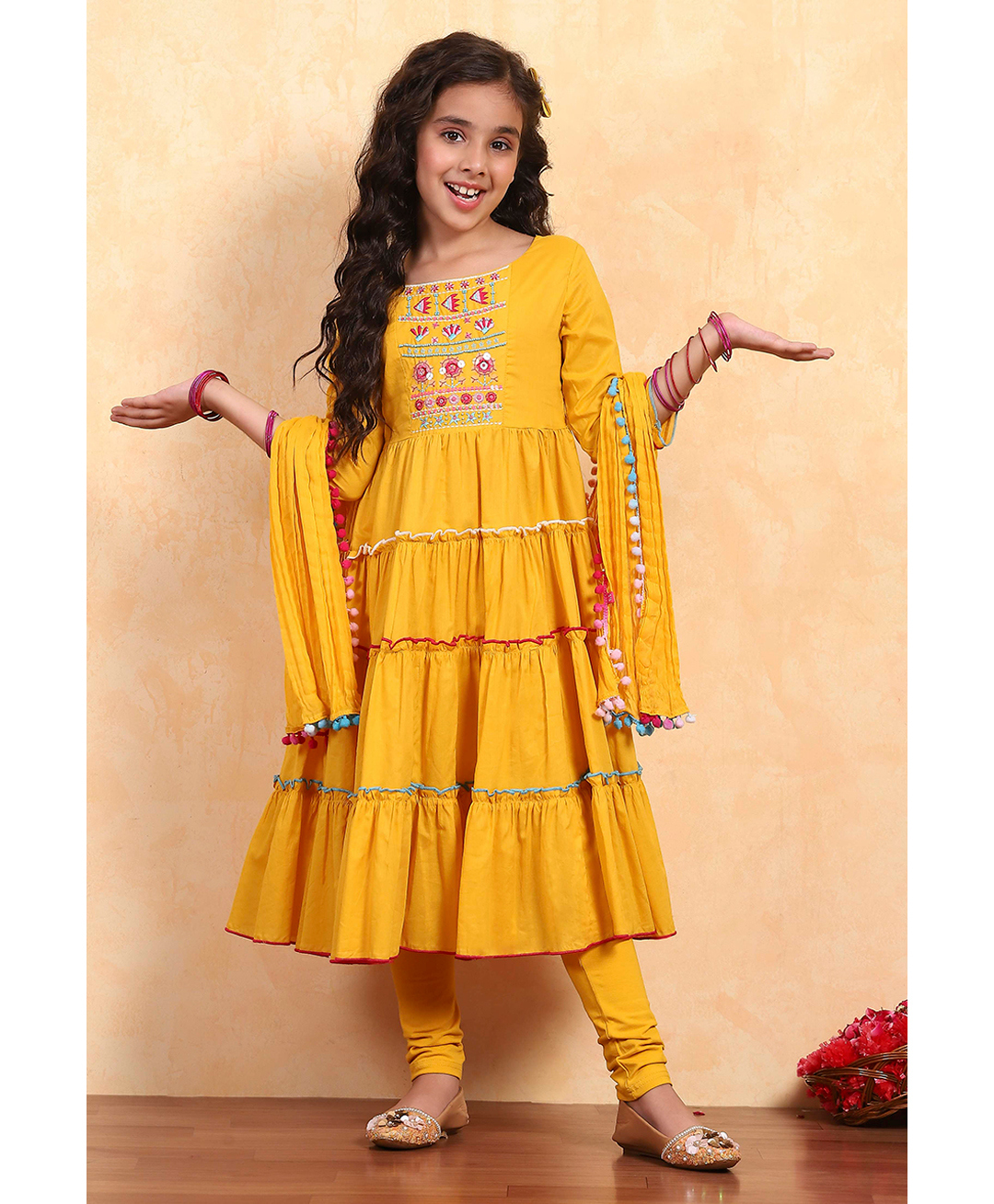 BIBA Cotton Woven Three Fourth Sleeves Floral Embroidered & Sequins Embellished Kurti Churidar With Dupatta Set - Yellow-picture-12