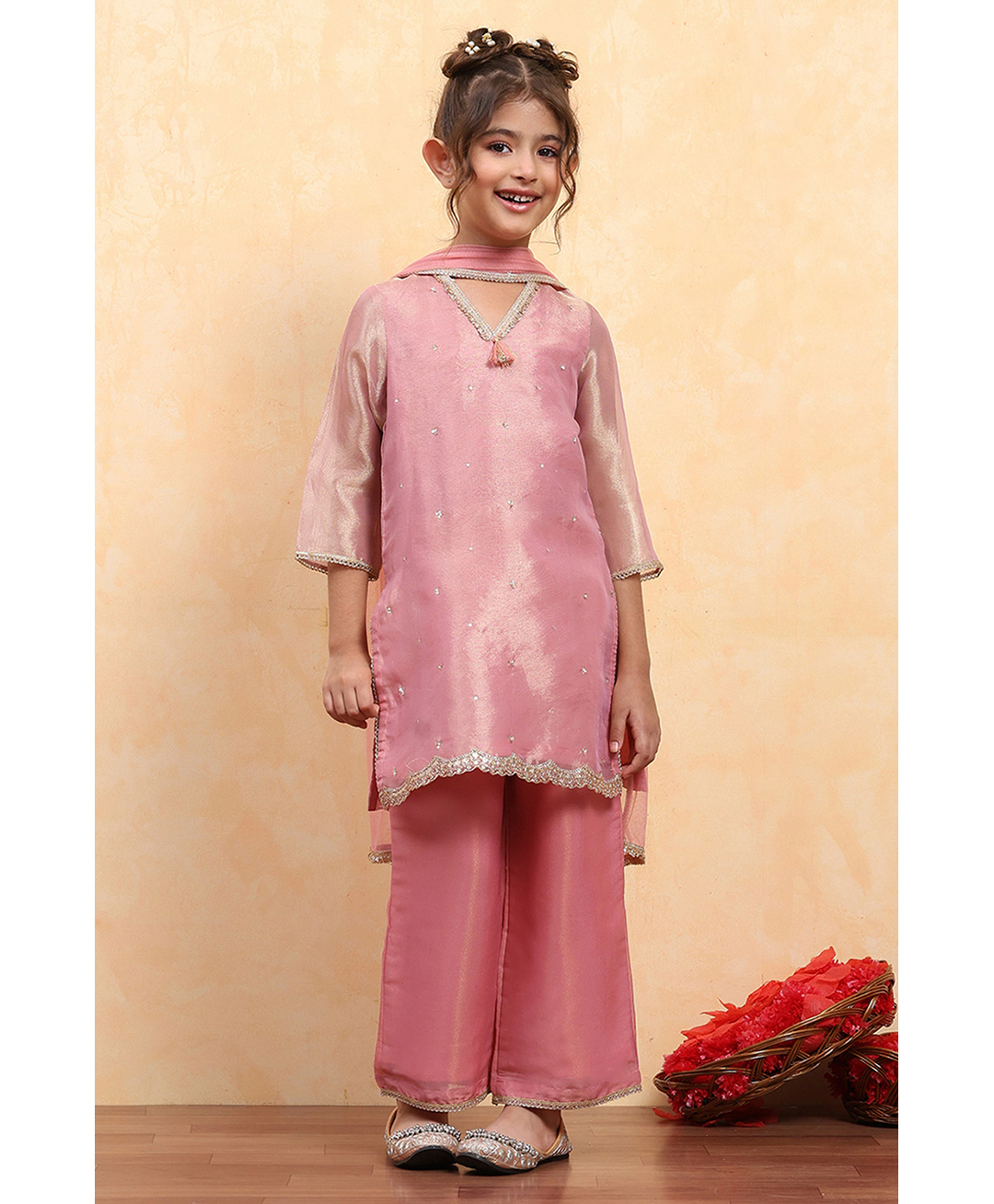 BIBA Tissue Woven Three Fourth Sleeves Sequins & Gota Lace Embellished Kurti Palazzo With Dupatta Set - Pink