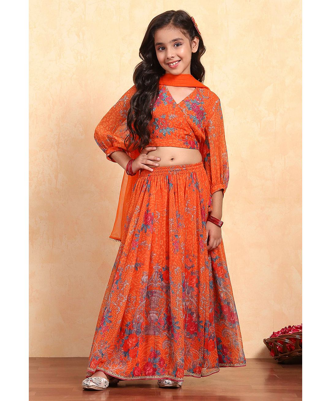 BIBA Woven Three Fourth Sleeves Floral Printed Kalidar Lehenga & Choli With Dupatta Set - Orange-image-36