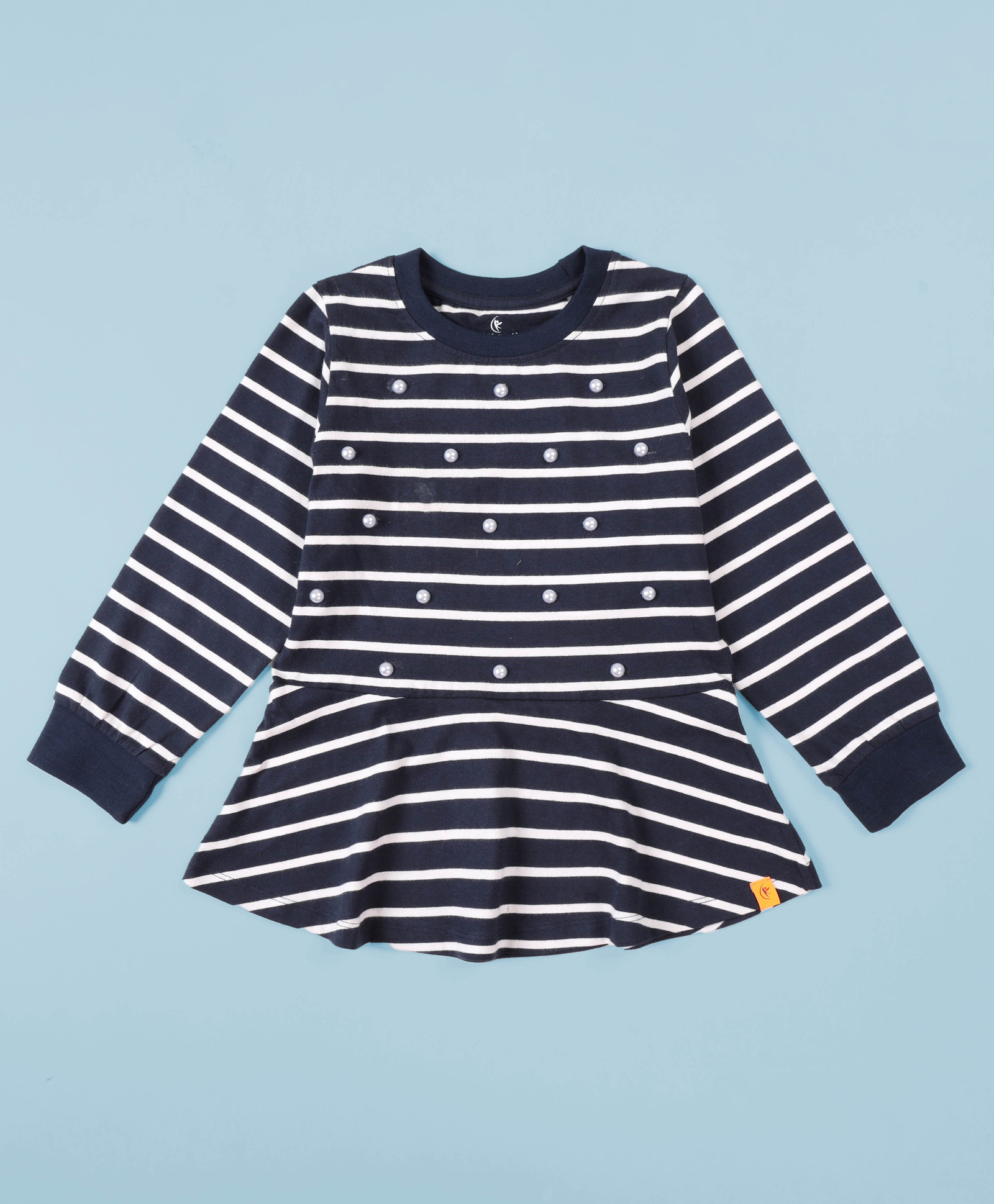 Kiddopanti Cotton Knit Full Sleeves Striped & Pearls Embellished Peplum Top - Navy Blue-picture-26