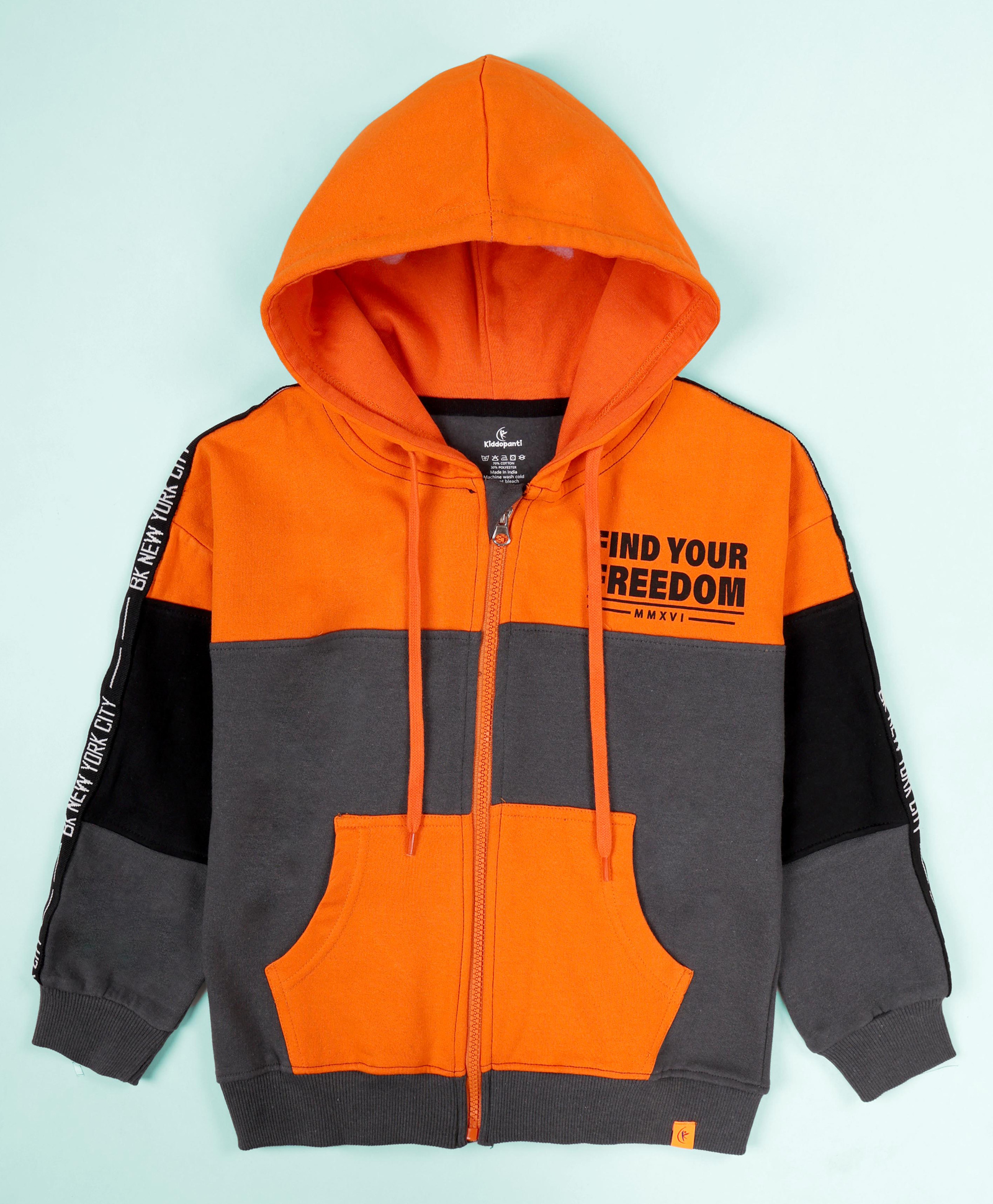 Kiddopanti Fleece Knit Full Sleeves Find Your Freedom Text Printed Colour Blocked Light Winter Hooded Sweatshirt - Orange & Grey-image-37