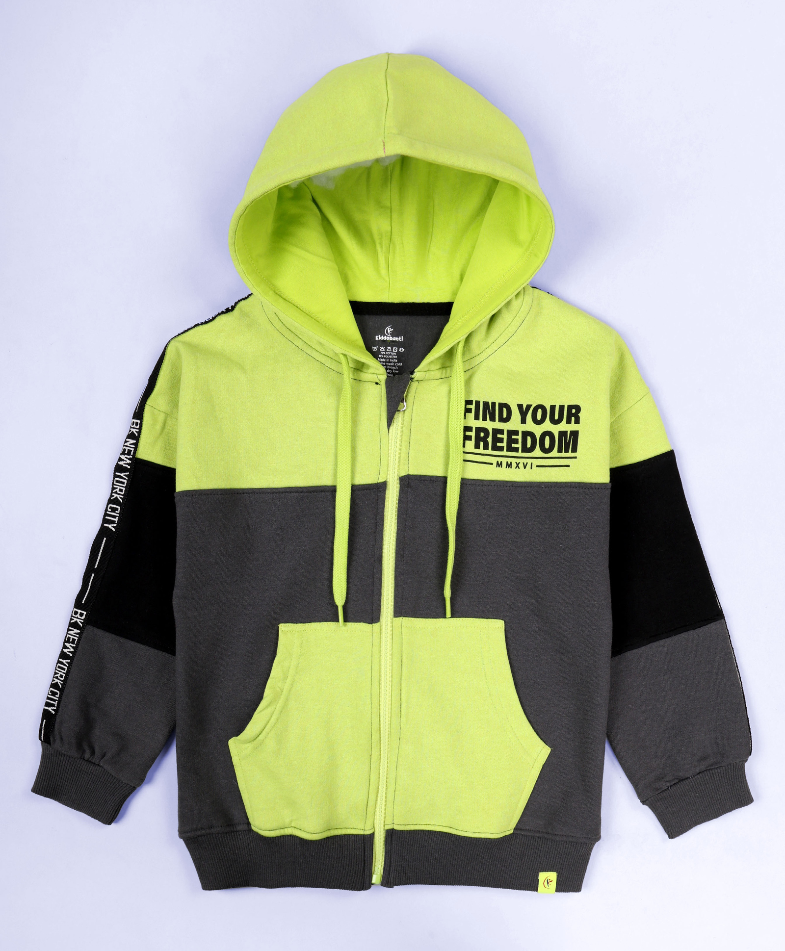 Kiddopanti Fleece Knit Full Sleeves Find Your Freedom Text Printed Colour Blocked Light Winter Hooded Sweatshirt - Neon Green & Grey-picture-13