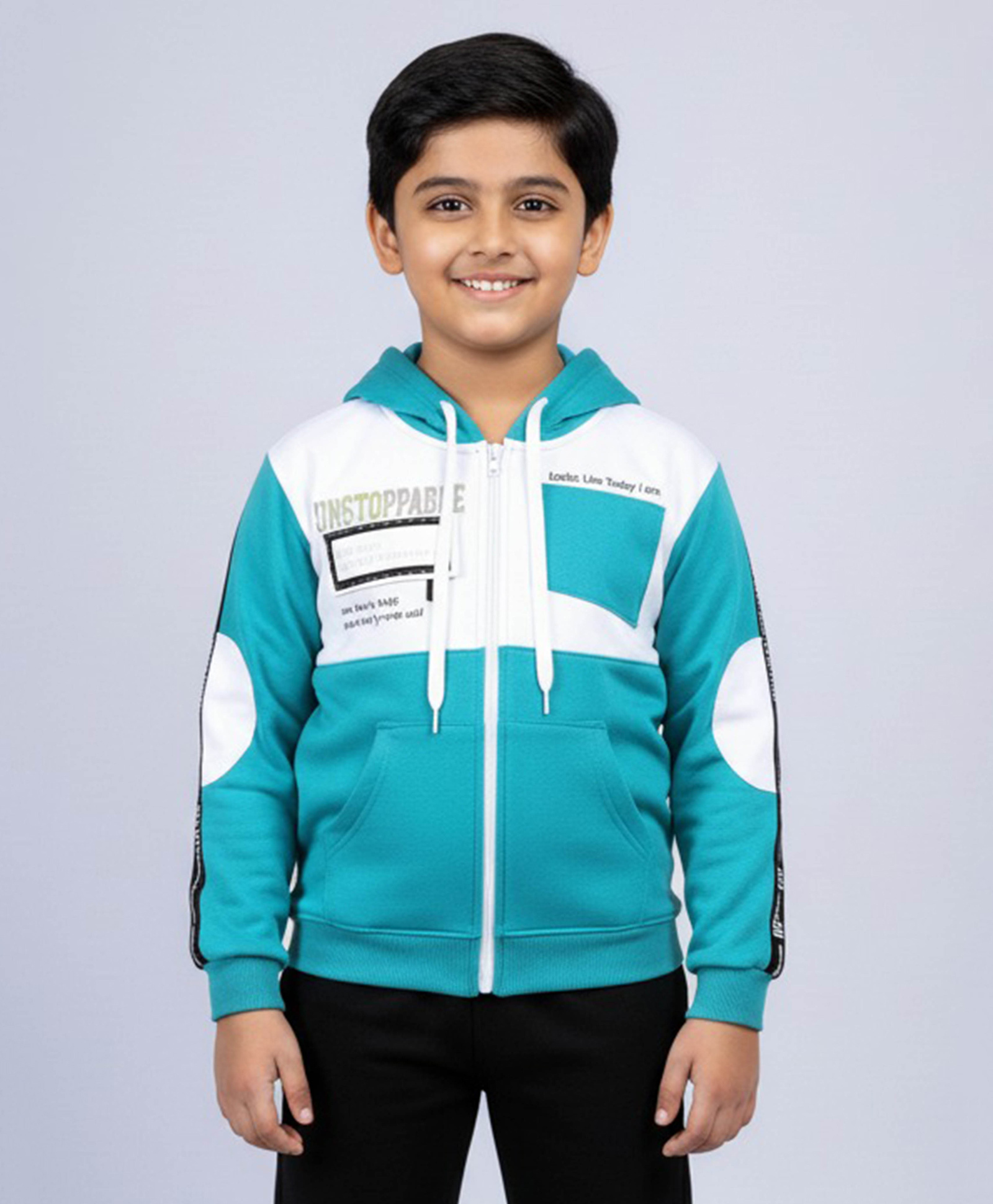 Kiddopanti Fleece Knit Full Sleeves Typography Printed Light Winter Hooded Sweatshirt - Turquoise & White-image-17