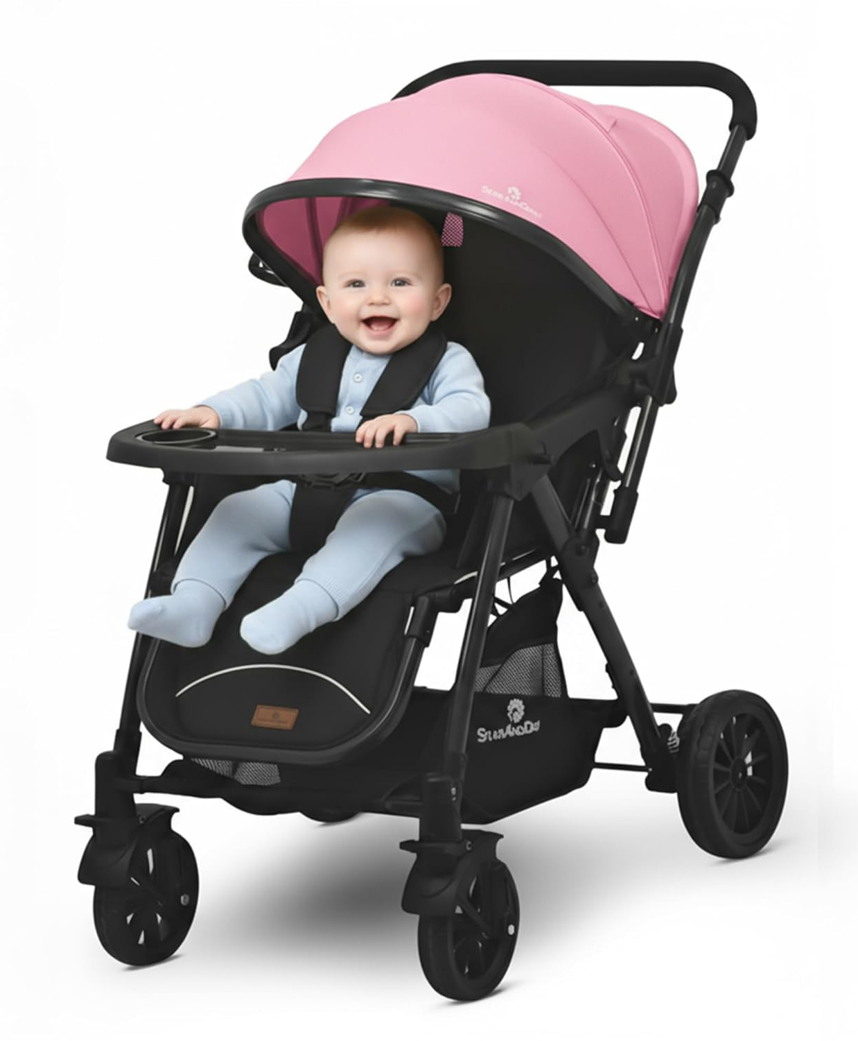 StarAndDaisy Foldable Baby Stroller with Storage basket, Multi-Level Recline & Adjustable Footrest, Safety Harness Belt -Pink-picture-29