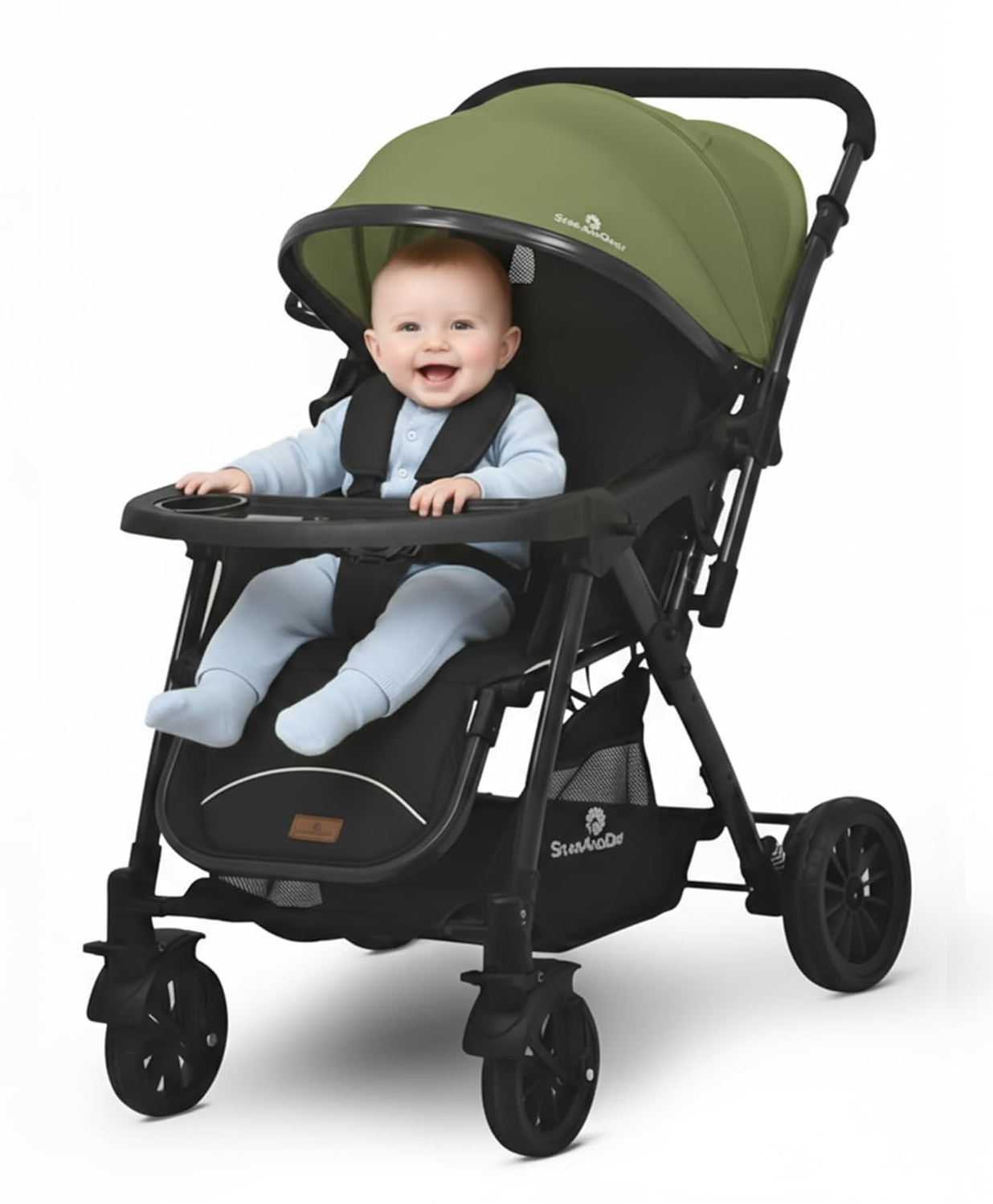 StarAndDaisy Foldable Baby Stroller with Storage basket, Multi-Level Recline & Adjustable Footrest, Safety Harness Belt - olive green-picture-27
