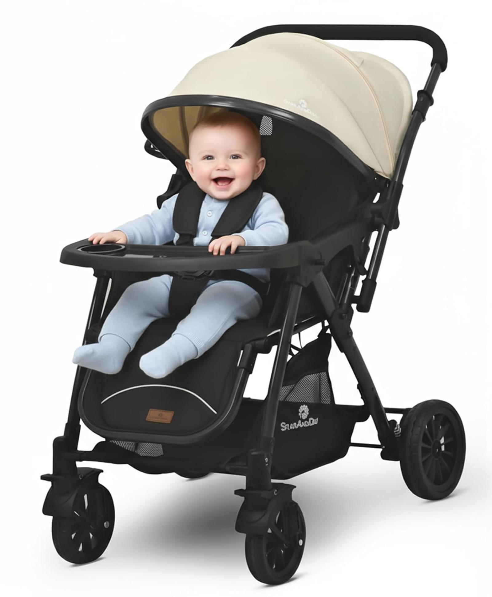 StarAndDaisy Foldable Baby Stroller with Storage basket, Multi-Level Recline & Adjustable Footrest, Safety Harness Belt -Khaki-image-20