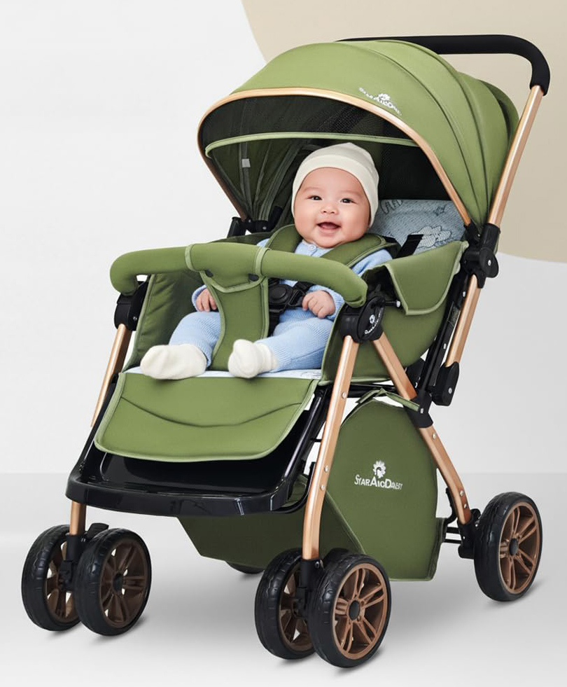 StarAndDaisy Foldable Baby Stroller with 360° Swivel Multi-Level Recline & Adjustable Footrest, Safety Harness Belt - Olive Green-picture-26