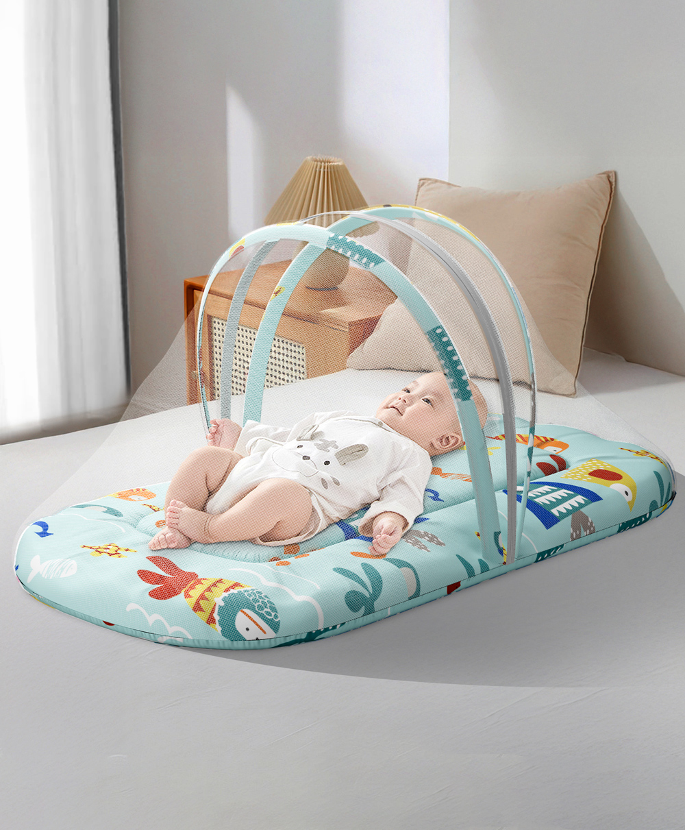 StarAndDaisy Baby Mosquito Net with 360° Widened Skirt Foldable,Spacious & Light-Proof Rust-Free 5-Point Frame, Light Blue With Aqua Print