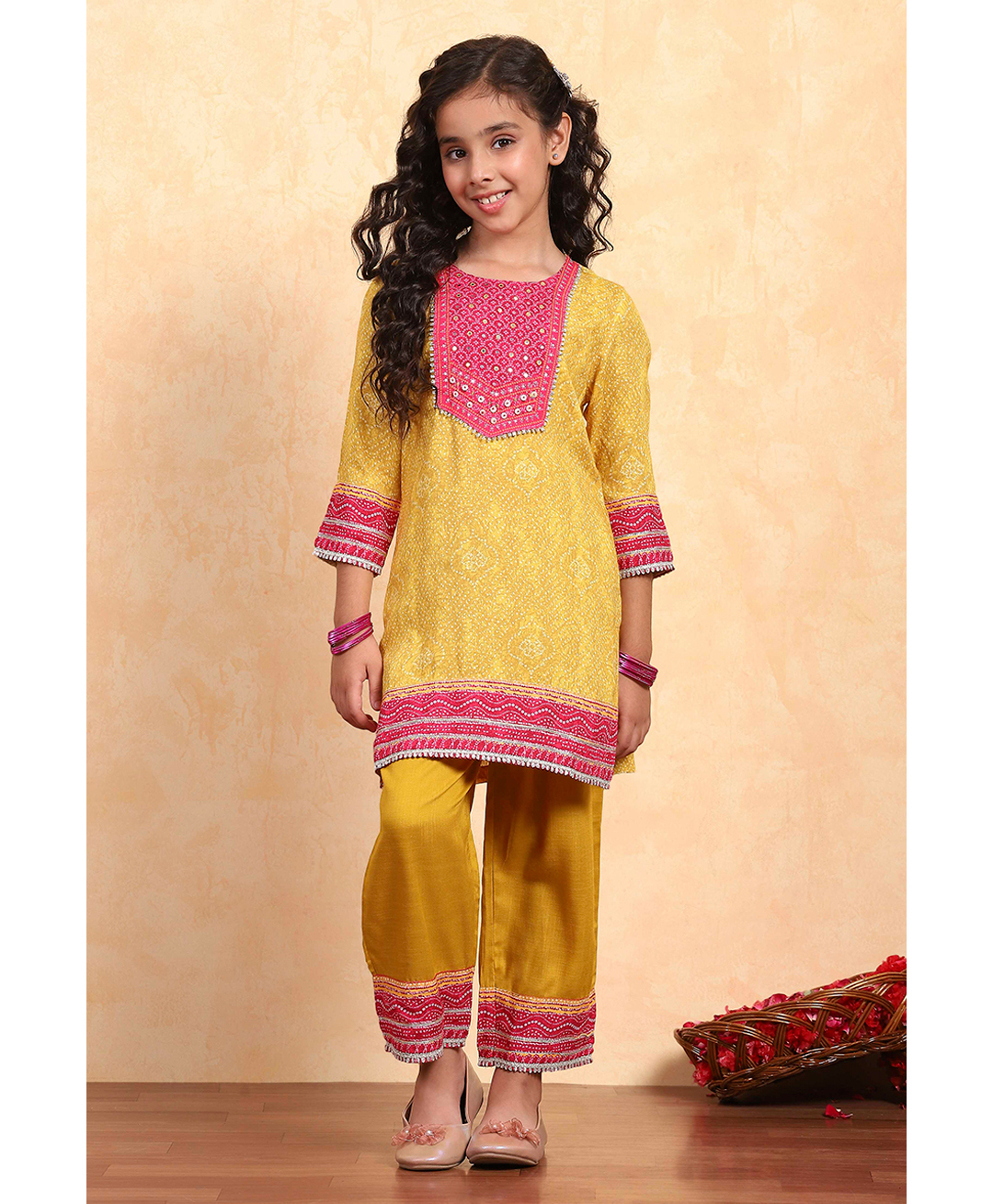 BIBA Woven Three Fourth Sleeves Bandhani Printed & Mirrow Work Embellished Straight Kurta Palazzo Set - Yellow-picture-14
