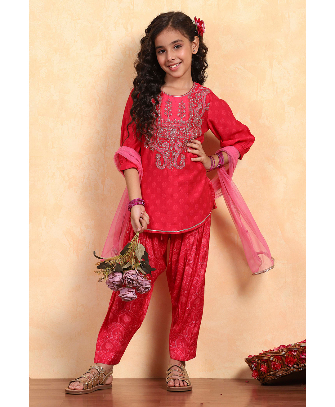BIBA Cotton Blend Woven Three Fourth Sleeves Sequin & Beads Embellished Straight Kurta Salwar Set With Dupatta - Pink-picture-10