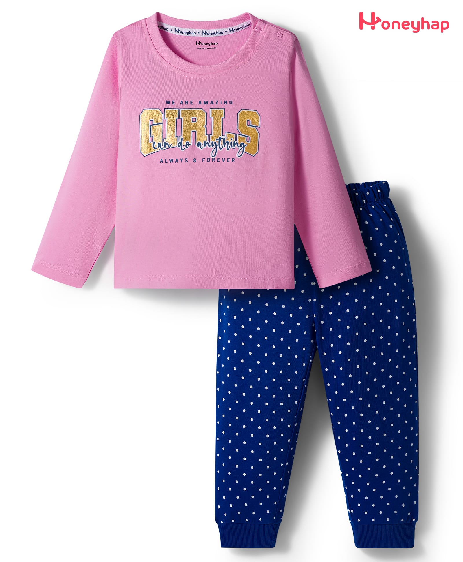 Honeyhap Premium Cotton Knit Full Sleeves Bio Finished Night Suit With Polka Dots & Text Print - Bonbon & Blue Quartz-image-27