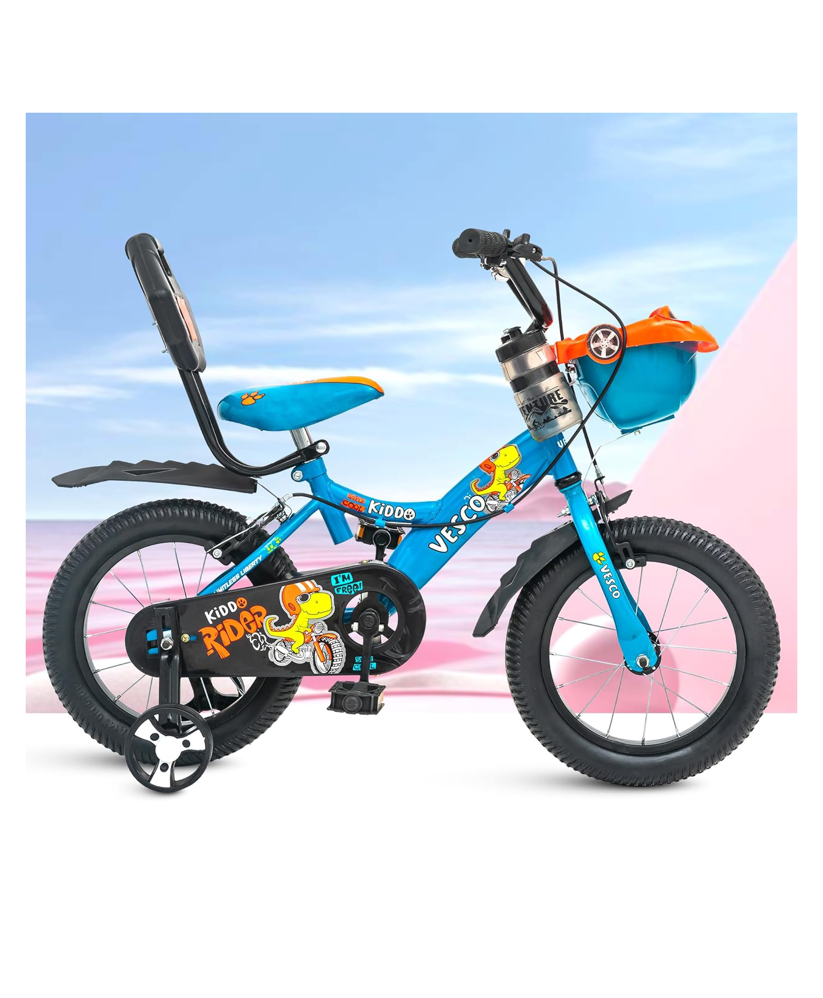 Vesco Cycles Kiddo 14T Kids Cycle for Boys & Girls | Steel Rim | 14T Cycle for Kids with Balance Wheel | Back Rest & Rigid Fork | 9 Inch Frame Size | Ideal for Ages 3-6 Years (Blue)