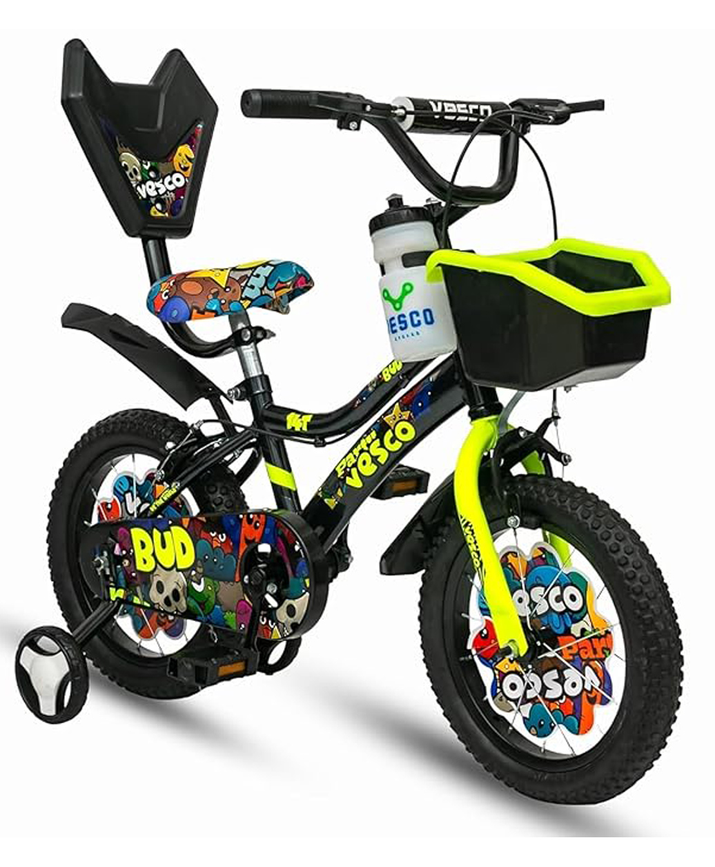 Vesco Cycles BUD14T Kids Cycle for Boys & Girls 14T Cycle for Kids | Balance Wheel |Back Rest & Rigid Fork 9 Inch Frame Size Ideal for Ages 3-6 Years Black