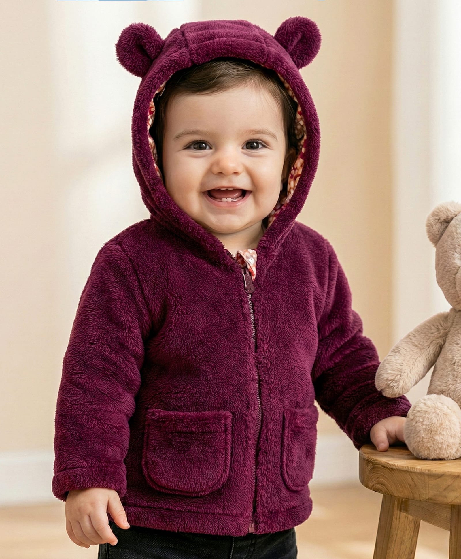 Babyoye 100% Cotton Knit Full Sleeves Solid Colored Hooded Fur Winter Jacket with Ear Applique - Wine-image-49