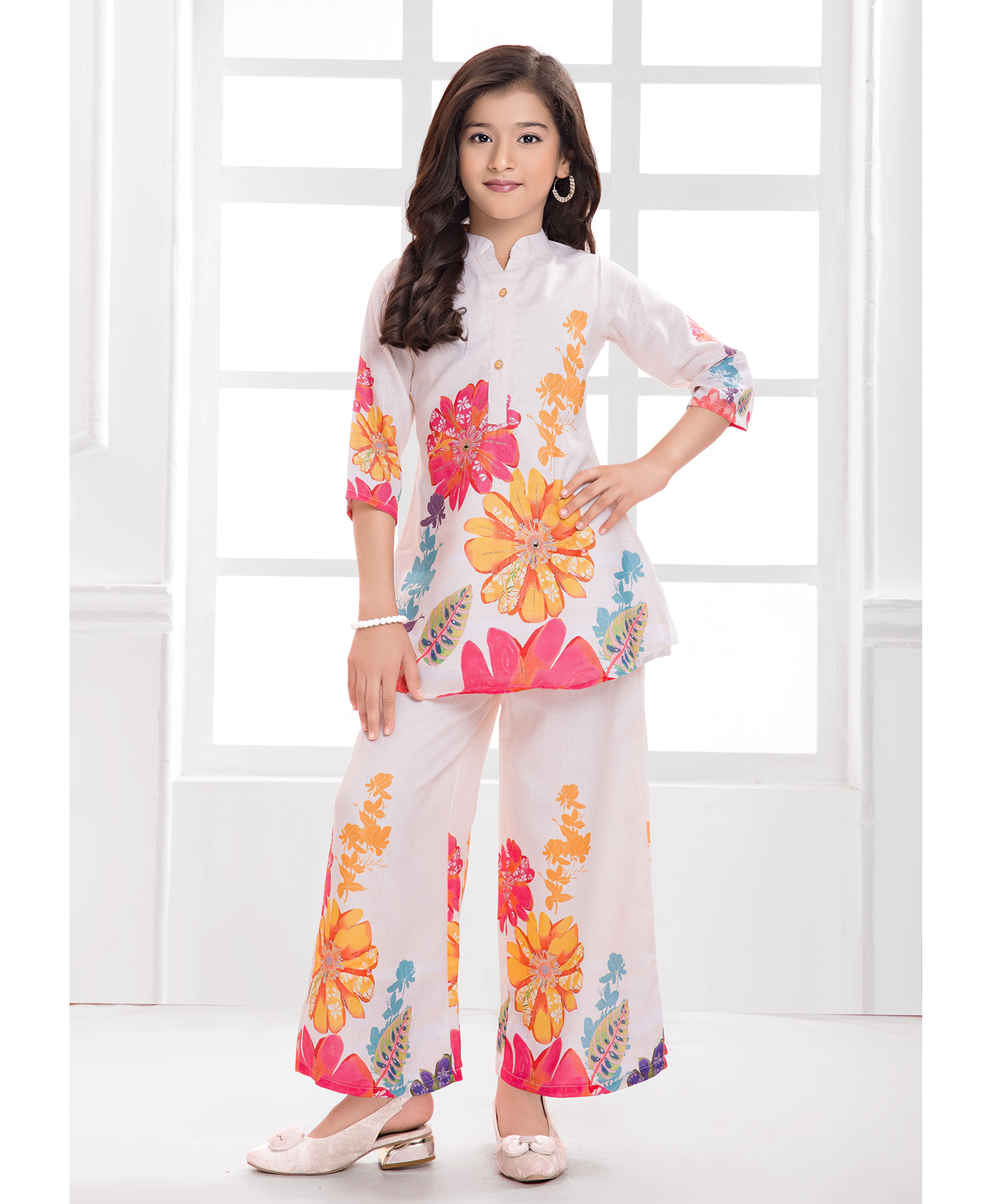 Ministitch Cotton Blend Woven Three Fourth Sleeves Floral Printed Kurti & Palazzo Set - White-picture-26
