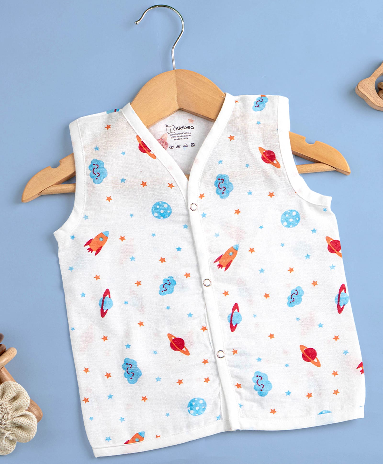 Kidbea Muslin Woven Sleeveless Space Theme Printed Jhabla - Multi Colour-image-25