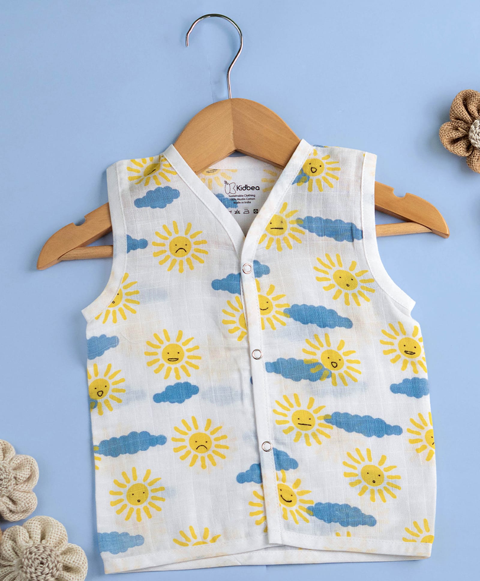 Kidbea Muslin Woven Sleeveless Sun & Clouds Printed Jhabla - Multi Colour-image-47
