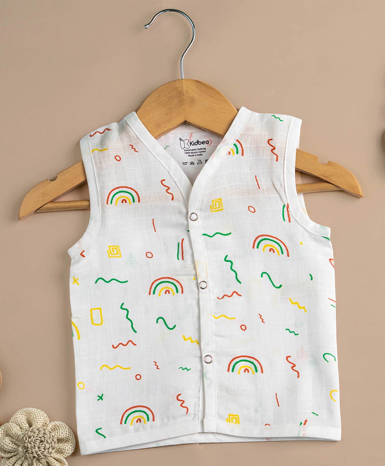 Kidbea Muslin Woven Sleeveless Rainbow Printed Jhabla - Multi Colour-image-39