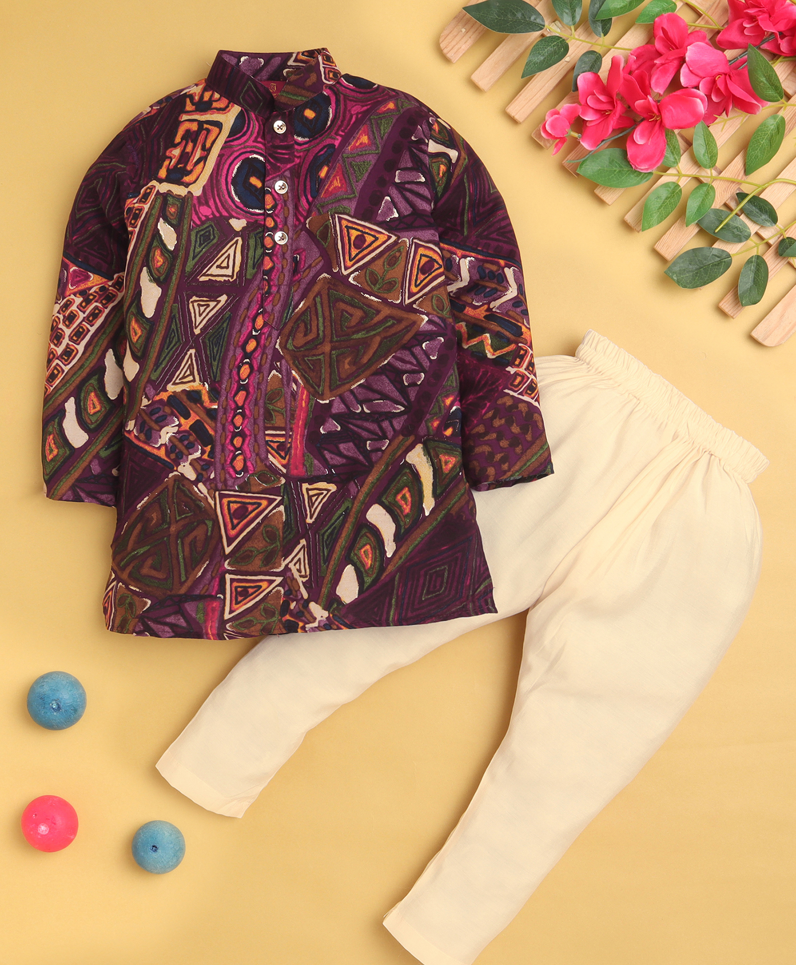 Jeet Ethnics Cotton Blend Knit Full Sleeves Geometric Printed Kurta Pyjama Set - Wine-image-29