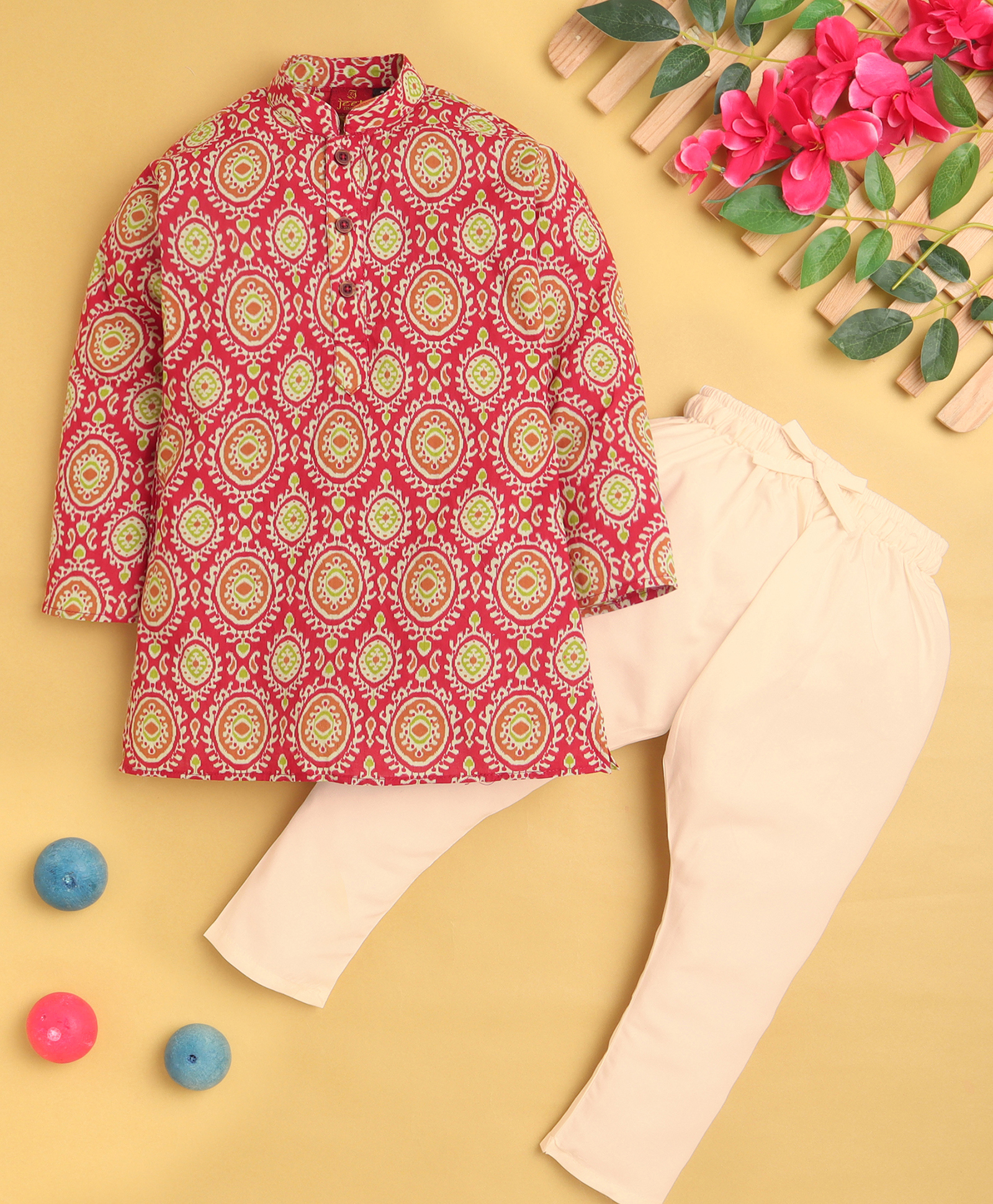 Jeet Ethnics Cotton Blend Knit Full Sleeves Ikat Printed Kurta Pyjama Set - Red-picture-29