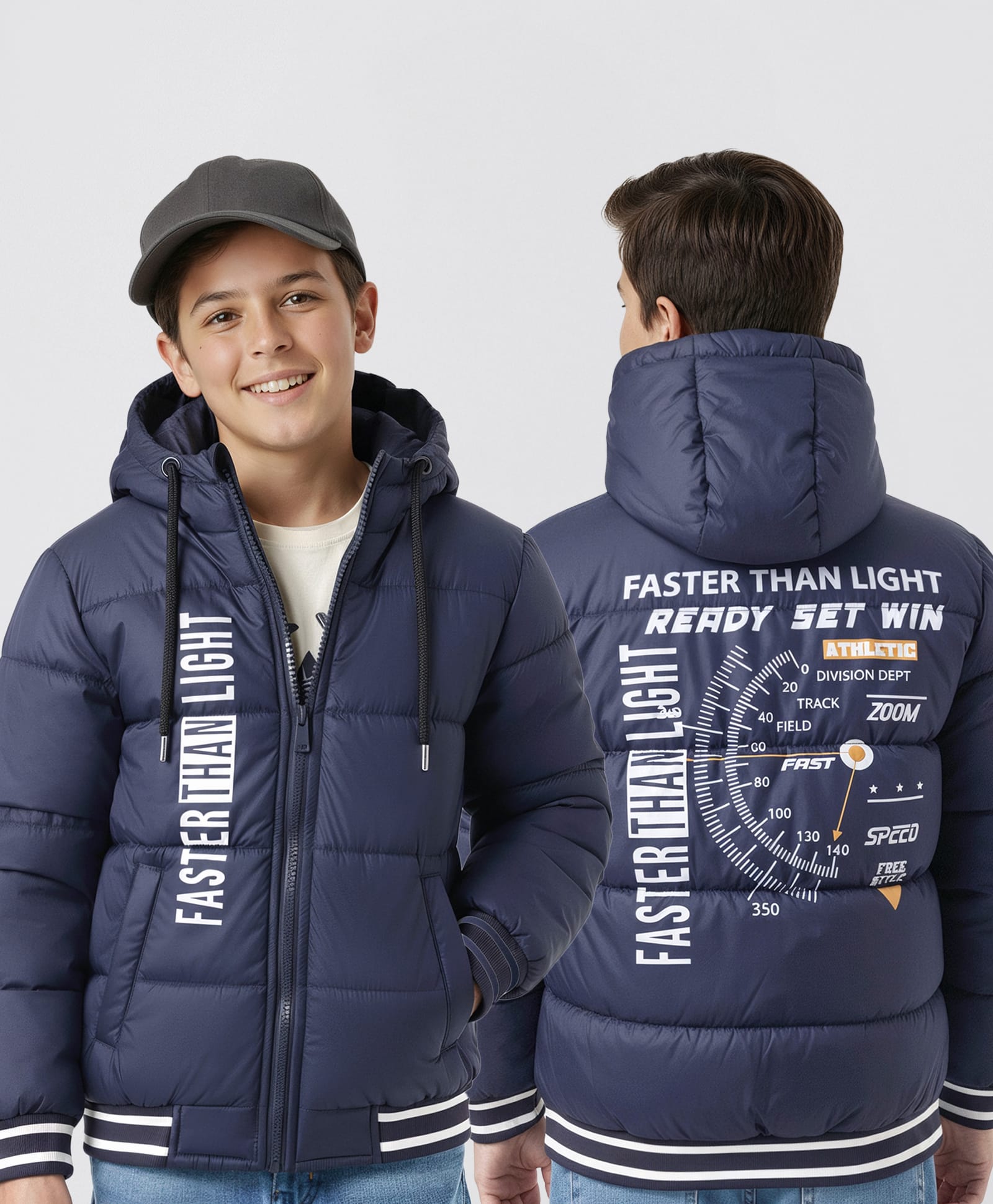 Pine Kids Woven Full Sleeves Hooded Jacket With Faster Than Light Text Print - Navy Blue-image-47