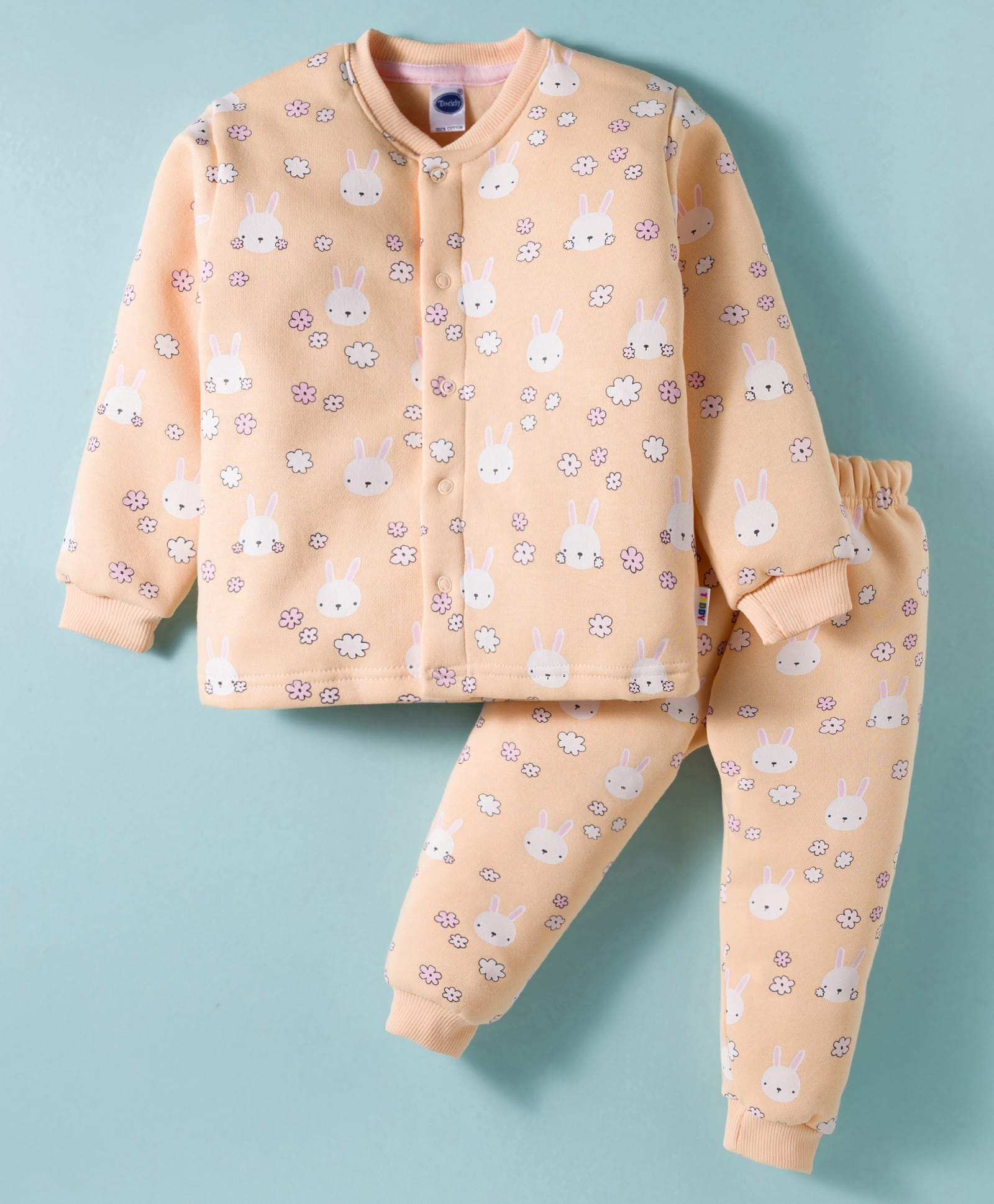 Teddy Fleece Knit Full Sleeves Winter Wear Night Suit With Floral Print - Light Orange-picture-19