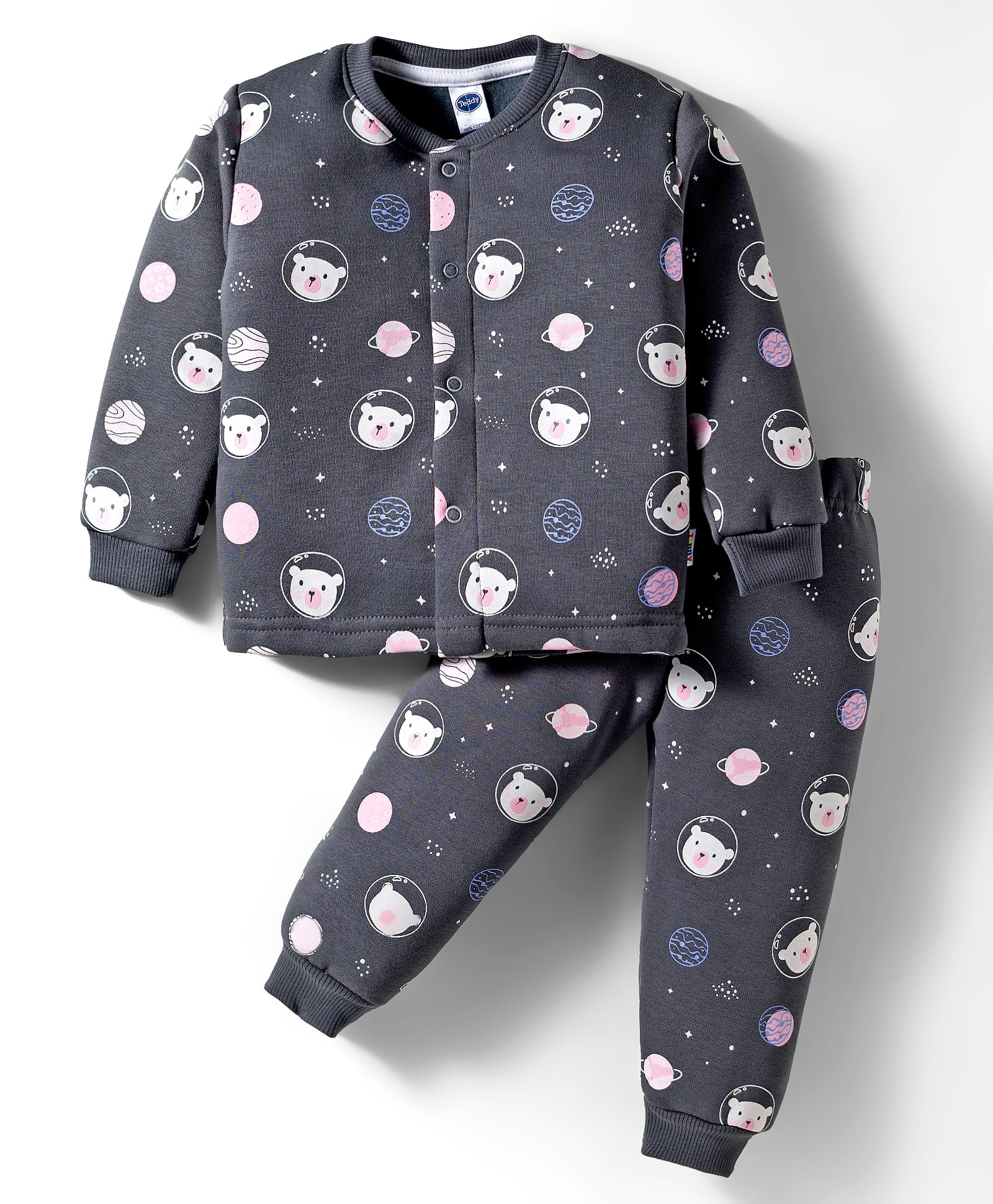 Teddy Fleece Knit Full Sleeves Front Open Co-ord Night Suit With Teddy Bear & Space Theme Print - Charcoal Grey-picture-39