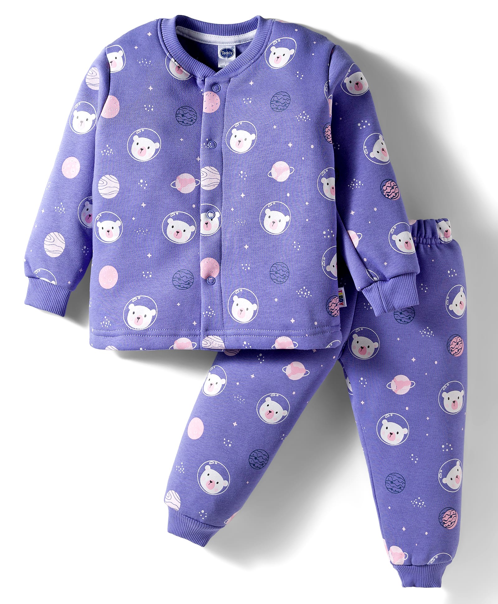 Teddy Fleece Knit Full Sleeves Front Open Co-ord Night Suit With Teddy Bear & Space Theme Print - Purple-picture-32