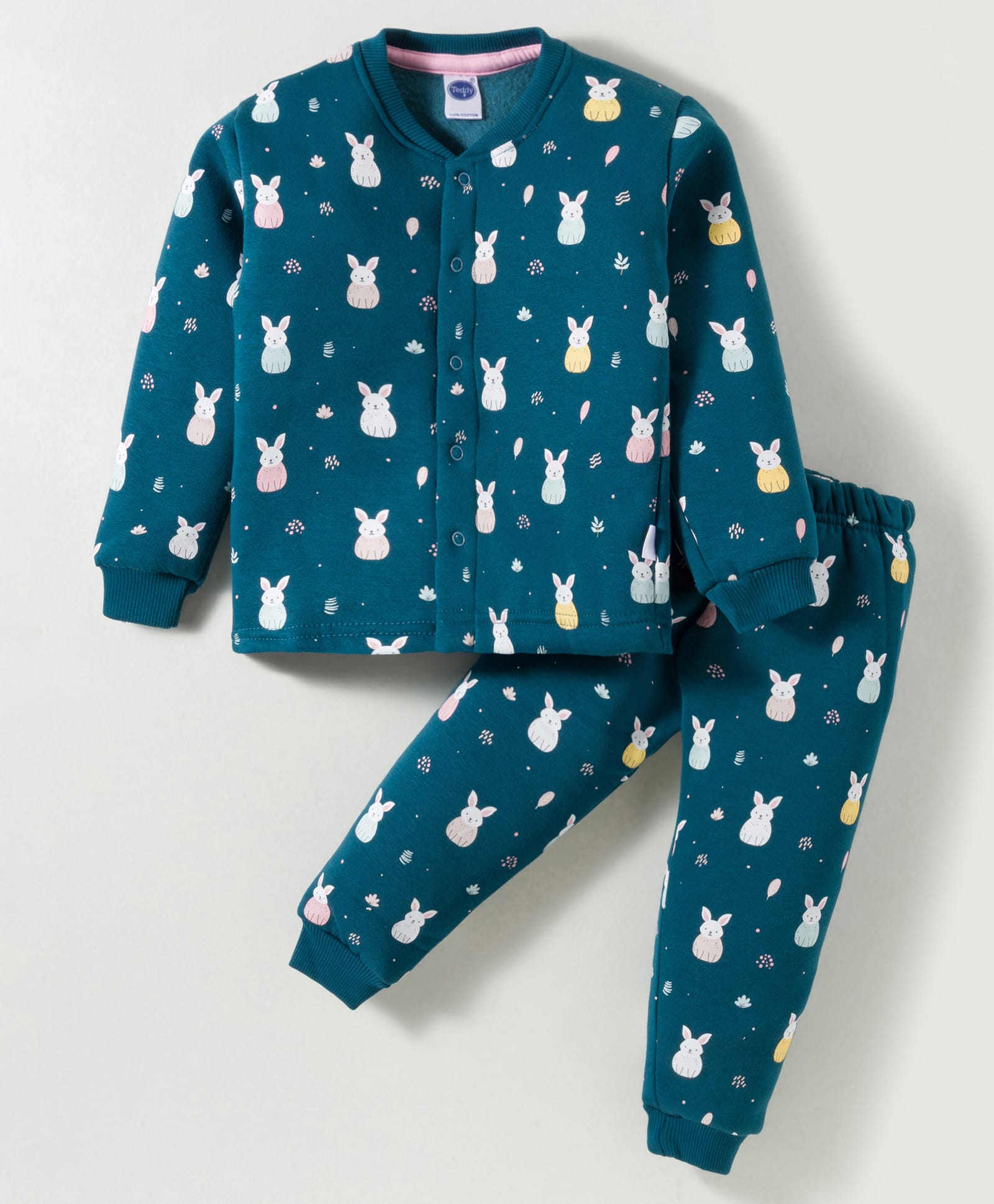 Teddy Fleece Knit Full Sleeves Winter Wear Night Suit With Animal Print - Teal Blue