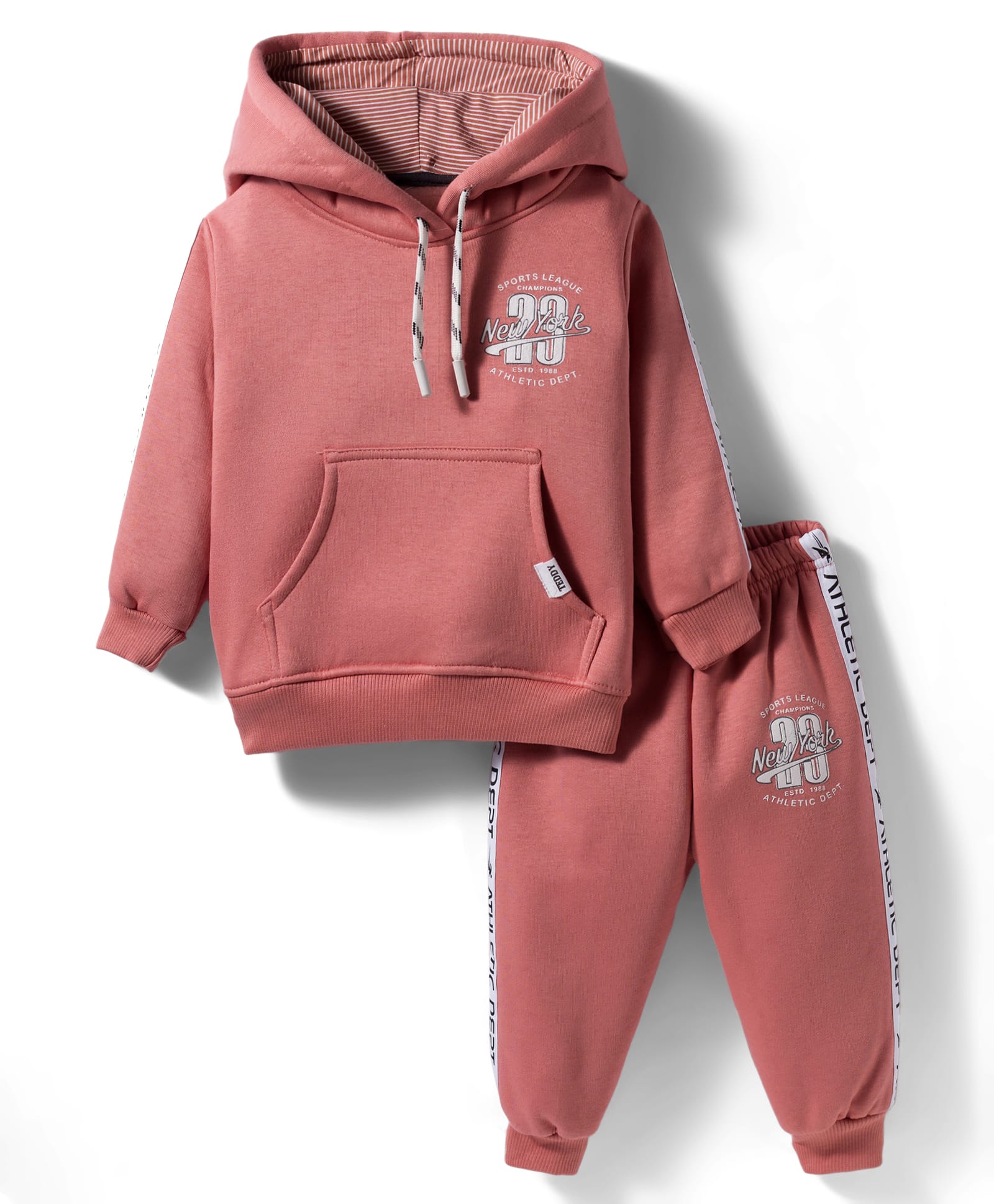 Teddy Fleece Knit Full Sleeves Winter Wear Hooded T-Shirt & Joggers Set with Kangaroo Pockets - Rose Gold-image-27