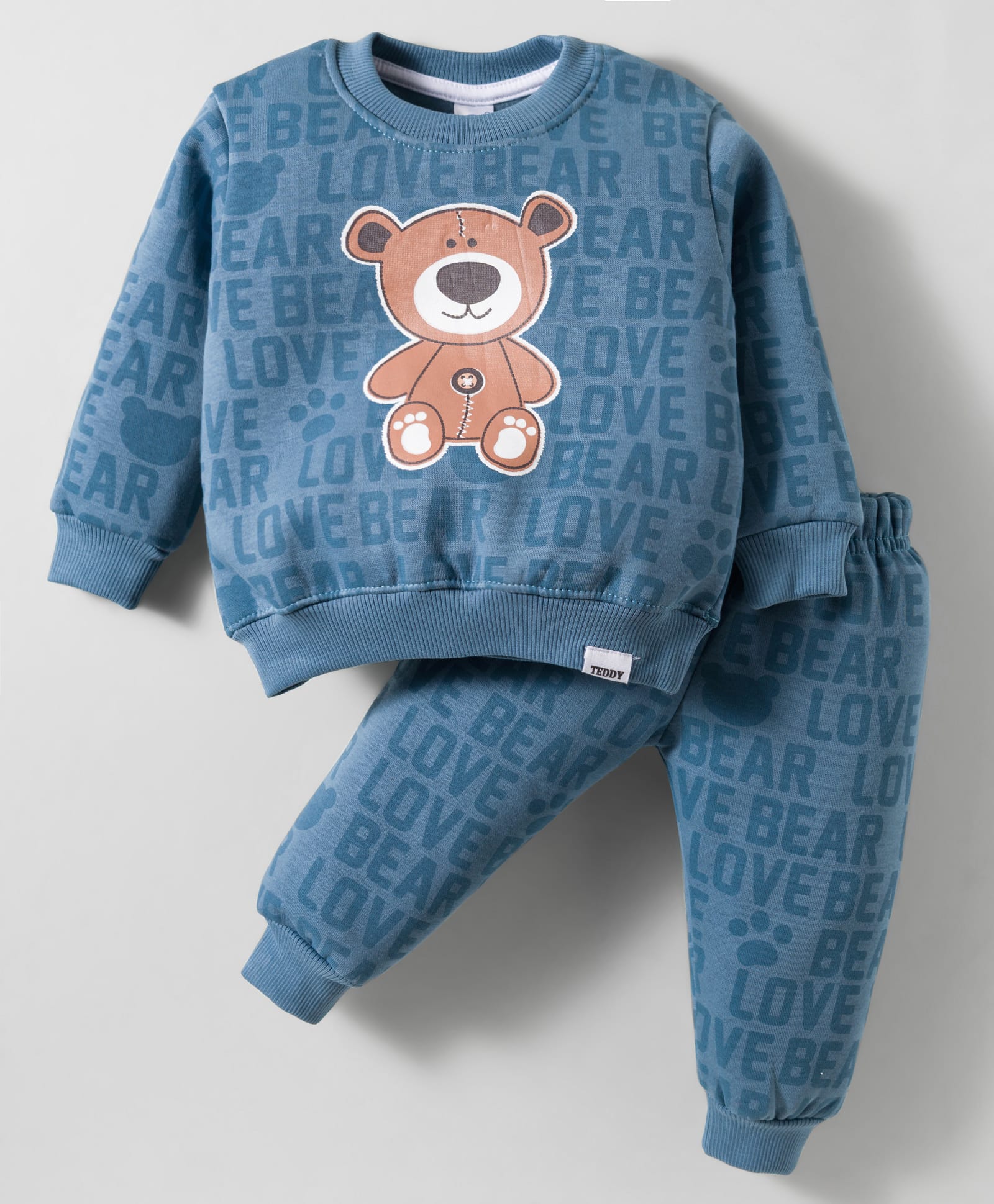 Teddy Fleece Knit Full Sleeves Winter Wear T-Shirt & Joggers Set with Teddy Print - Blue-picture-7