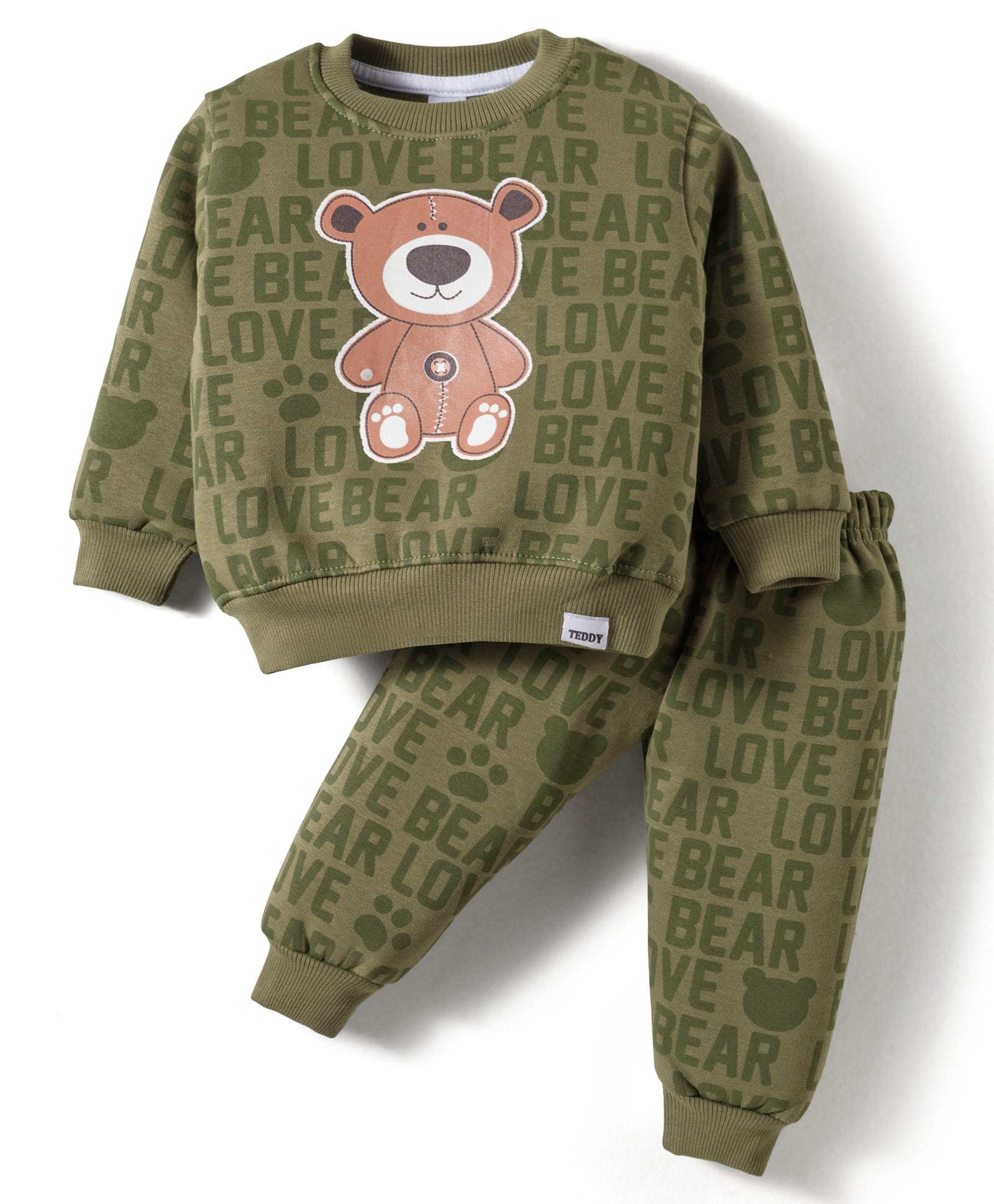 Teddy Fleece Knit Full Sleeves Winter Wear T-Shirt & Joggers Set with Teddy Print - Olive Green-image-42