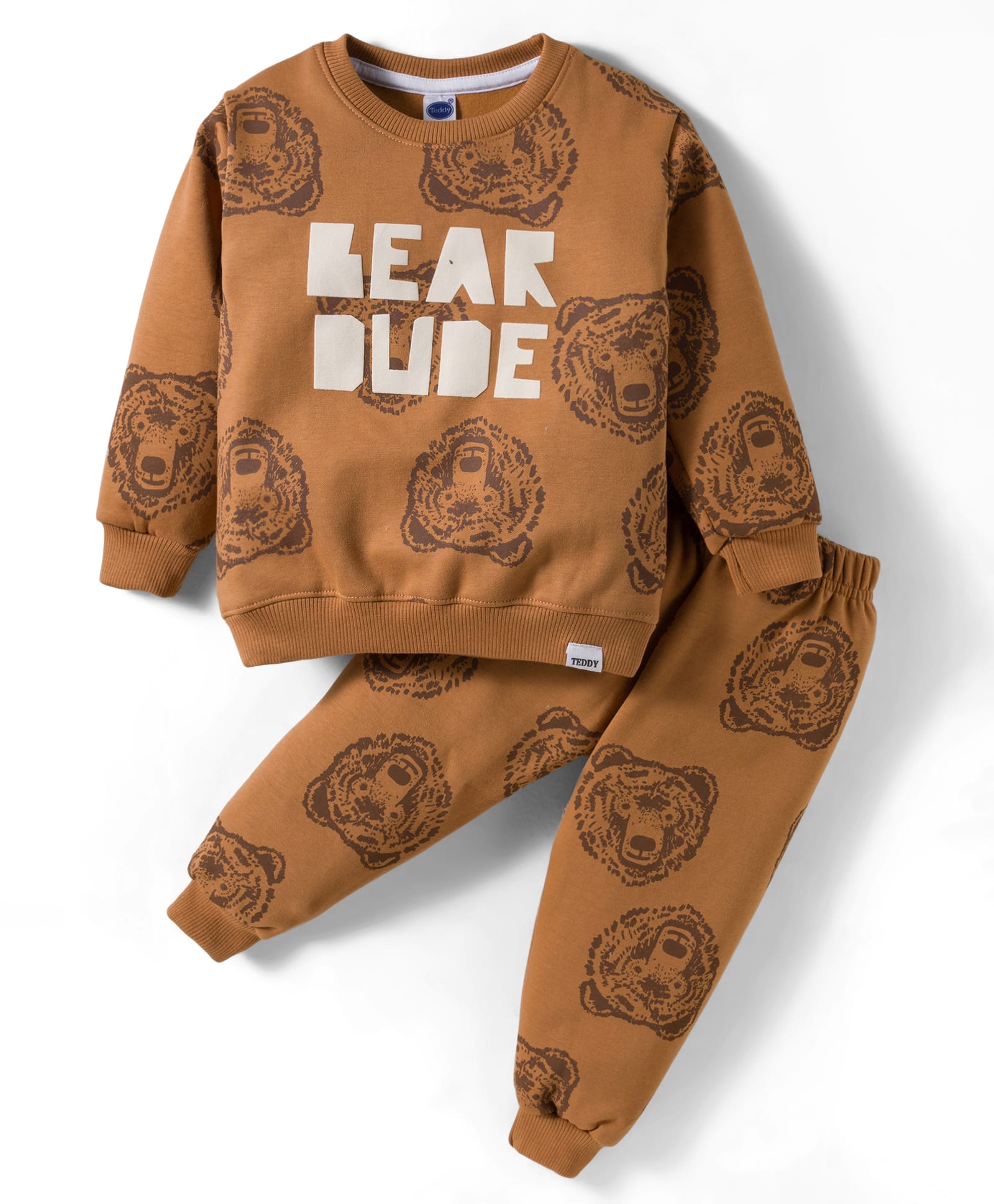 Teddy Fleece Knit Full Sleeves Winter Wear Co-Ord T-Shirt & Joggers Set with Bear Print - Light Brown-image-33