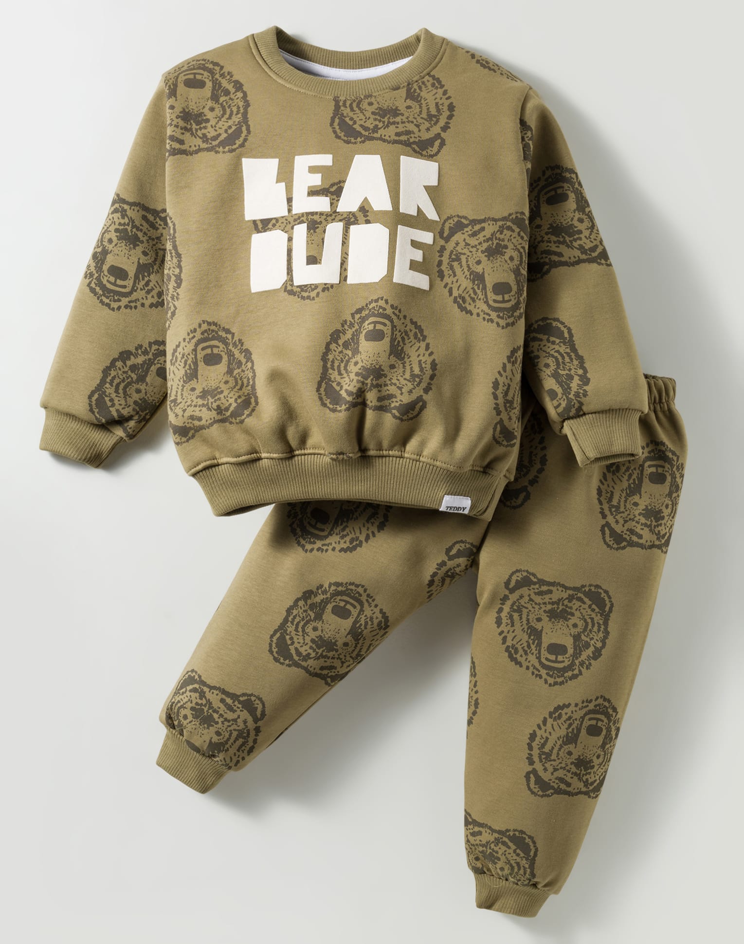 Teddy Fleece Knit Full Sleeves Winter Wear Co-Ord T-Shirt & Joggers Set with Bear Print - Olive Green-picture-26