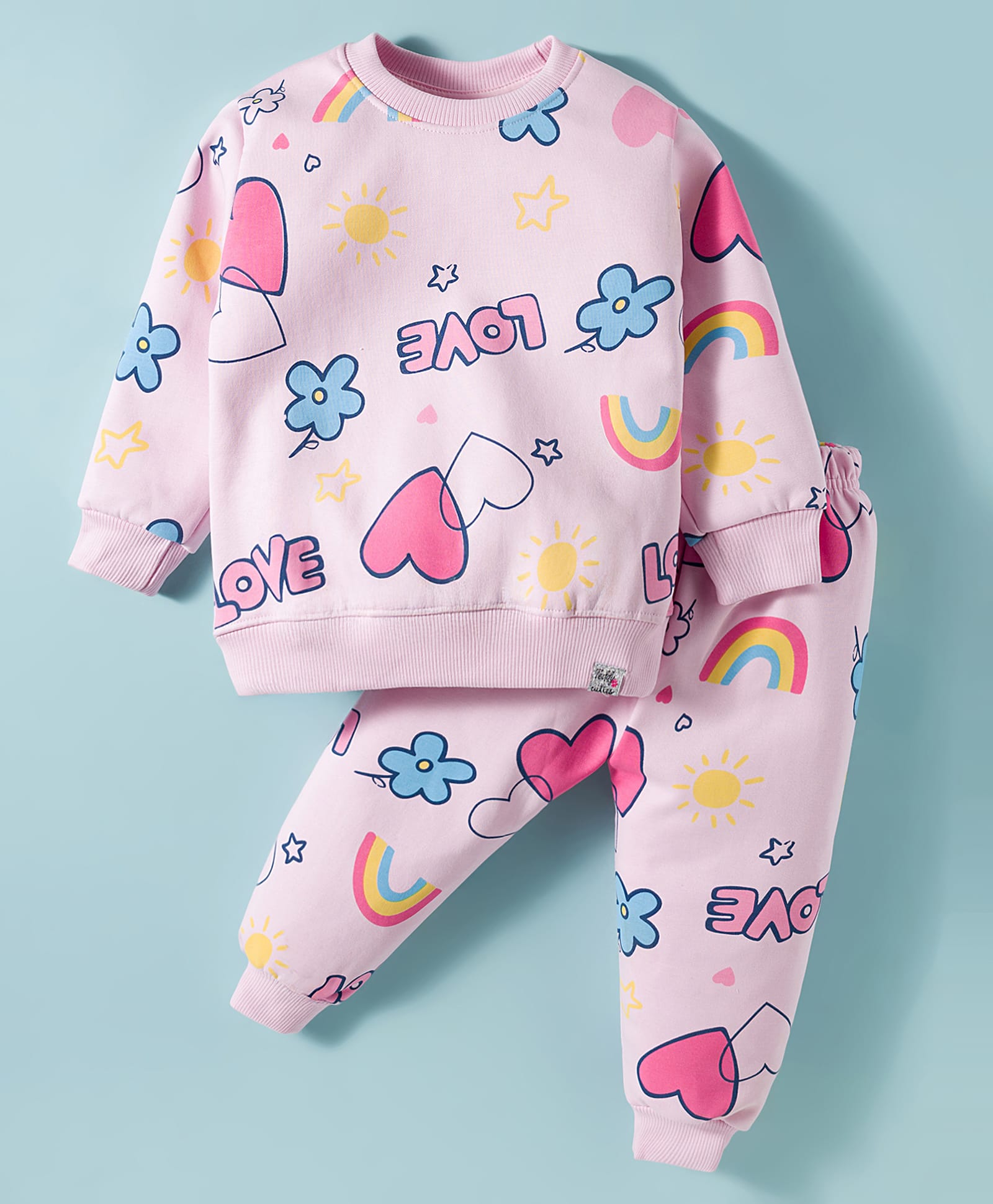 Teddy Fleece Knit Full Sleeves Winter Wear Co-Ord T-Shirt & Joggers Set with Floral & Heart Print - Pink-picture-46