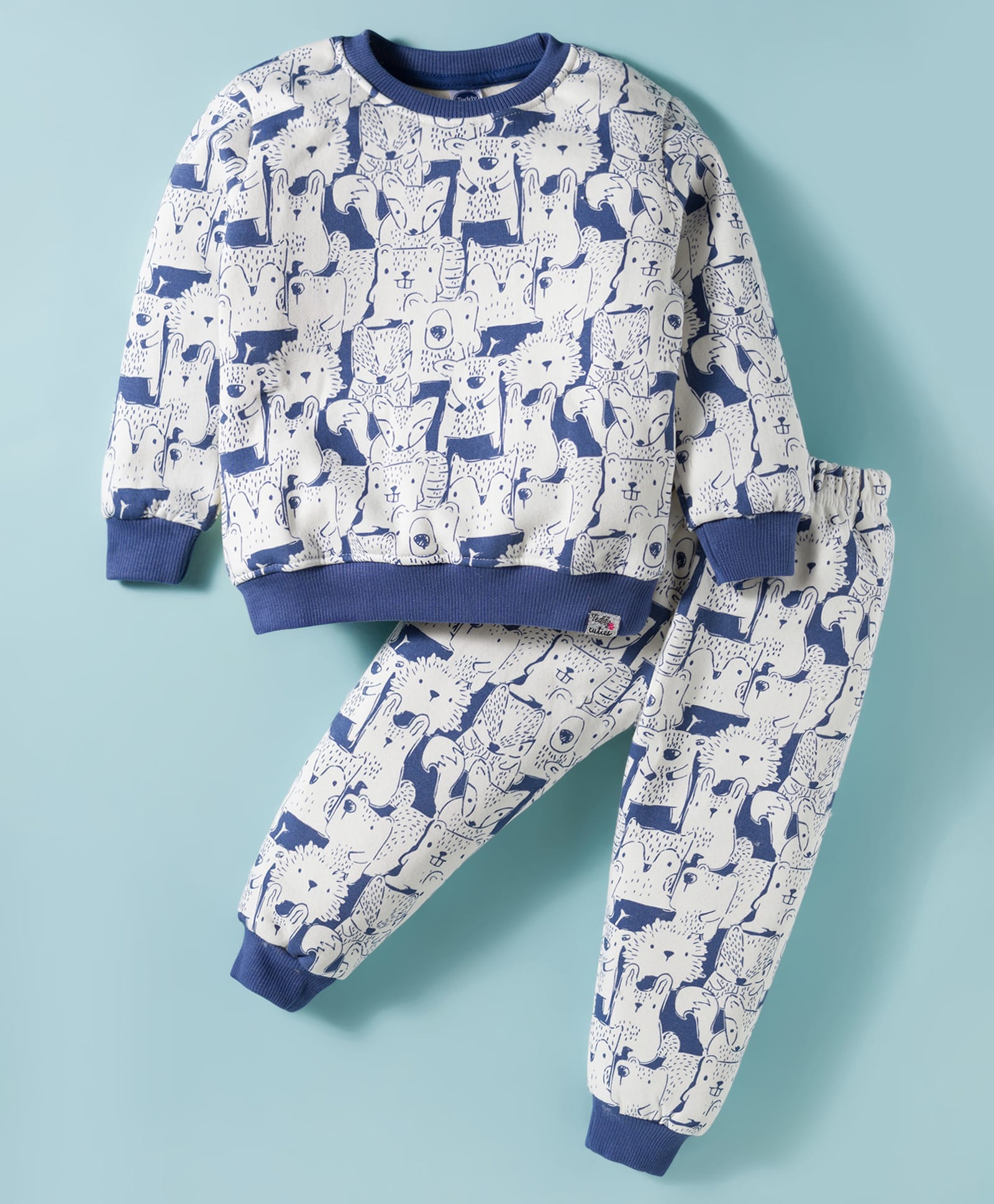 Teddy Fleece Knit Full Sleeves Winter Wear Co-Ord T-Shirt & Joggers Set with Animal Print - Blue-image-39