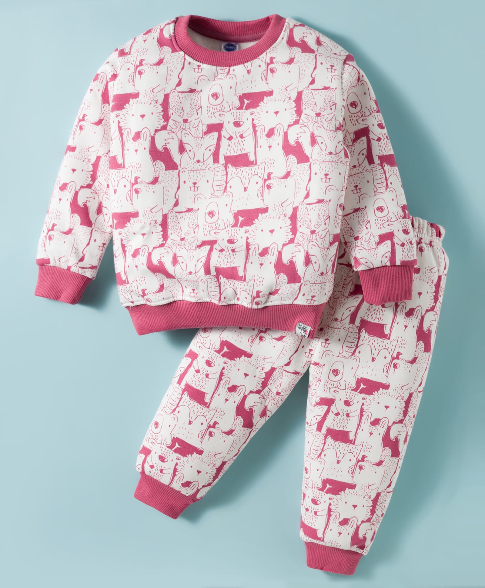 Teddy Fleece Knit Full Sleeves Winter Wear Co-Ord T-Shirt & Joggers Set with Animal Print - Pink-picture-11