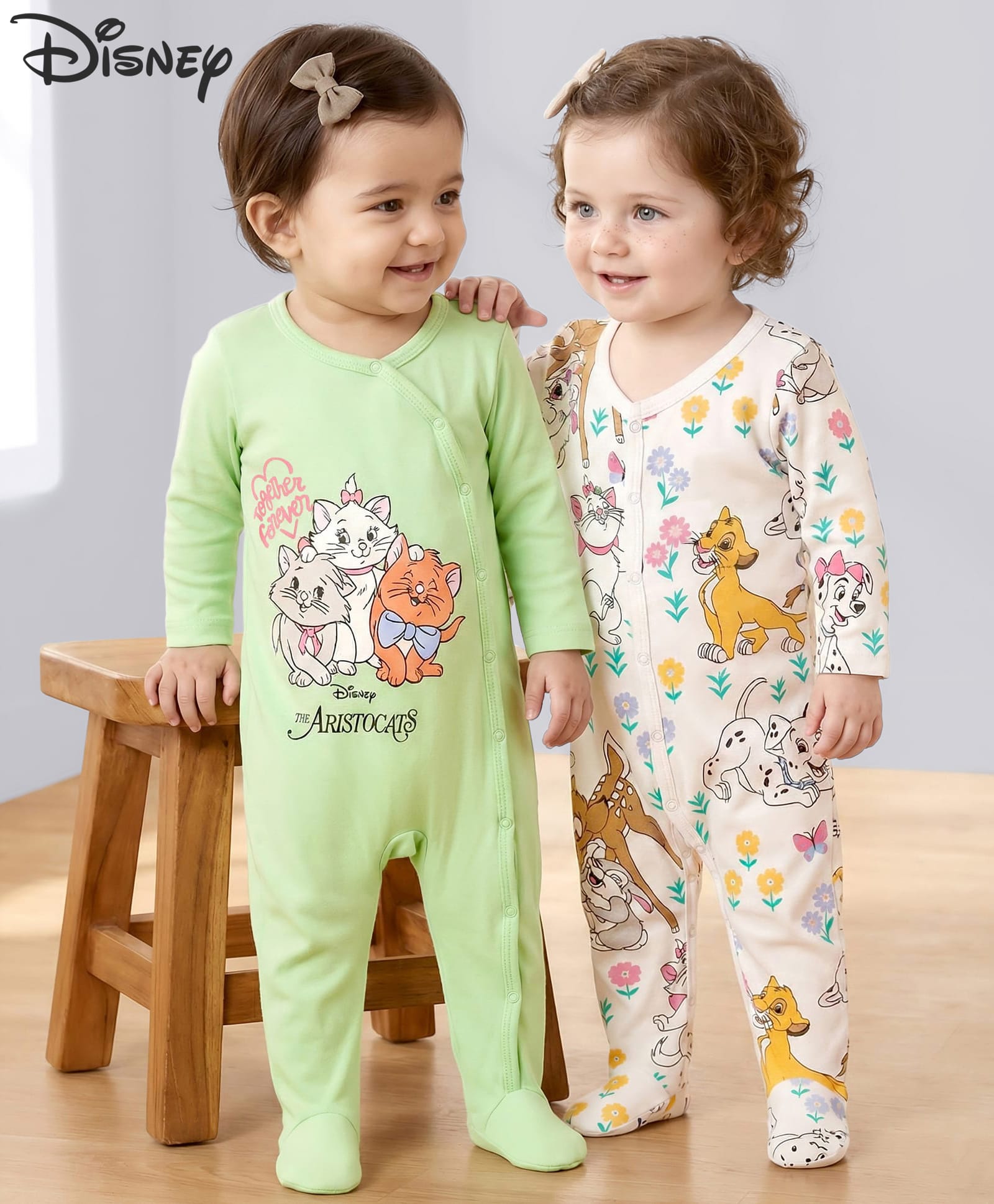 Babyhug Disney Interlock Knit Footed Sleepsuit with Disney Character Graphic Pack of 2 - Light Green & White-image-21
