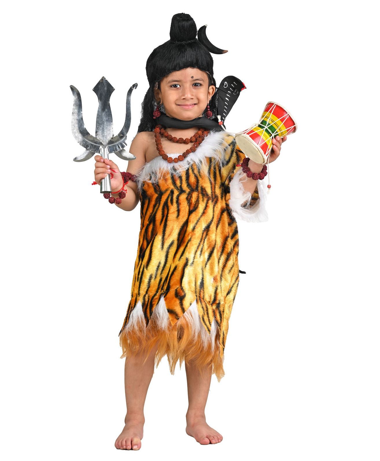 BookMyCostume Fur Half Sleeves Lord Shiva Costume Set With Hair Bun Rudraksh Mala Moon Hair Tie Artificial Snake Earrings Trident Without Stick & Damru - Brown & Yellow